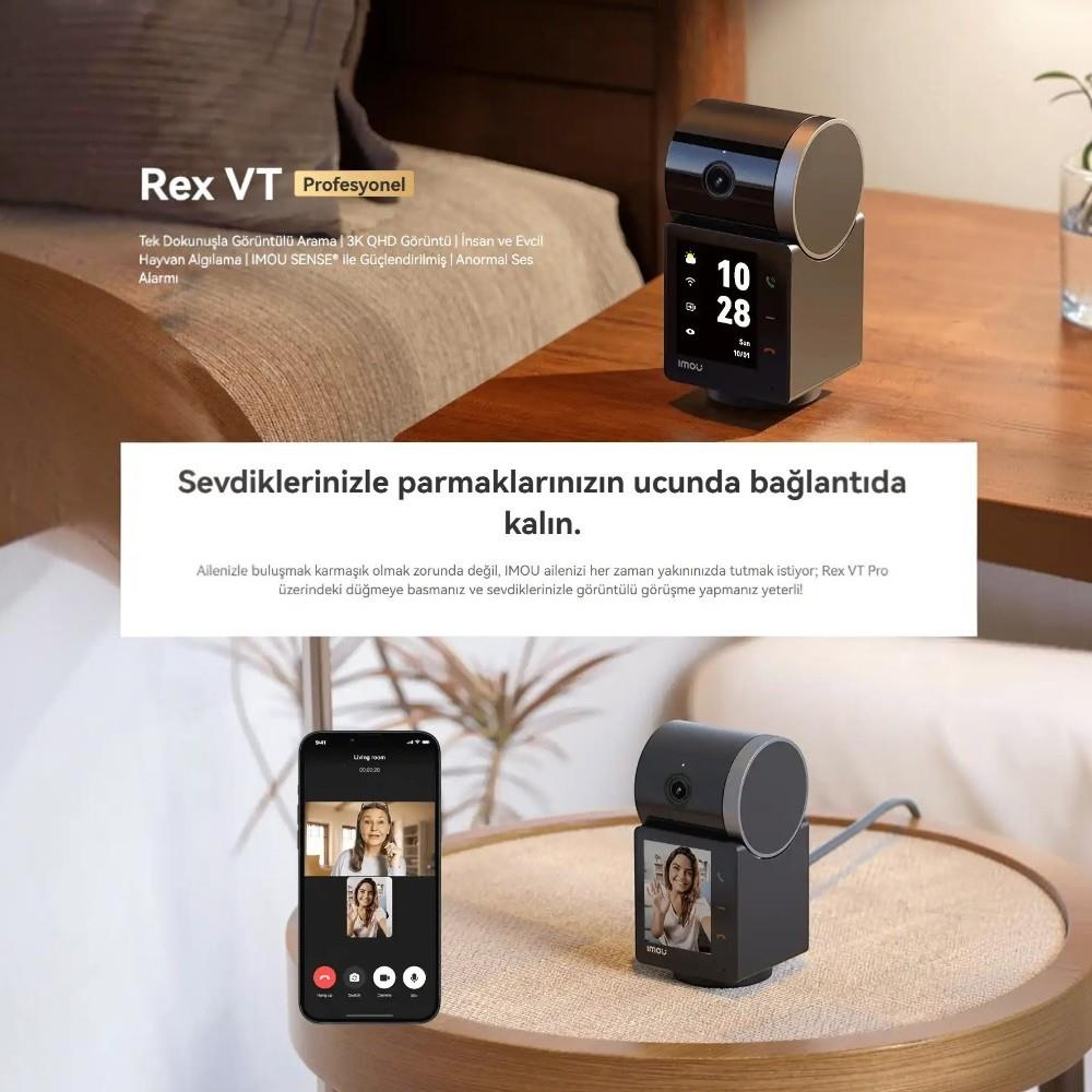 Eine Rex VT Überwachungskamera auf einem Holztisch mit Textoverlay in türkischer Sprache.