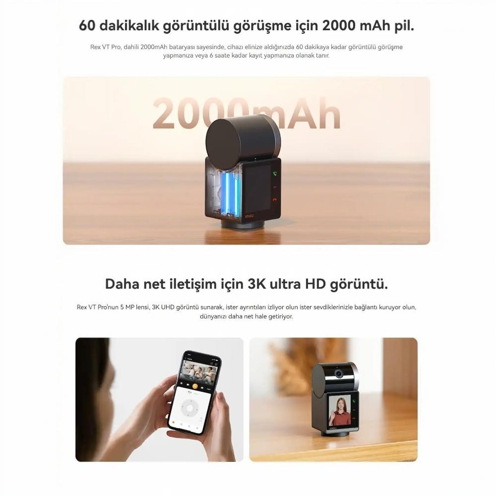 Produktmerkmale zeigen einen 2000mAh Akku für 60 Minuten Videoanrufe und 3K Ultra HD Kameraqualität.