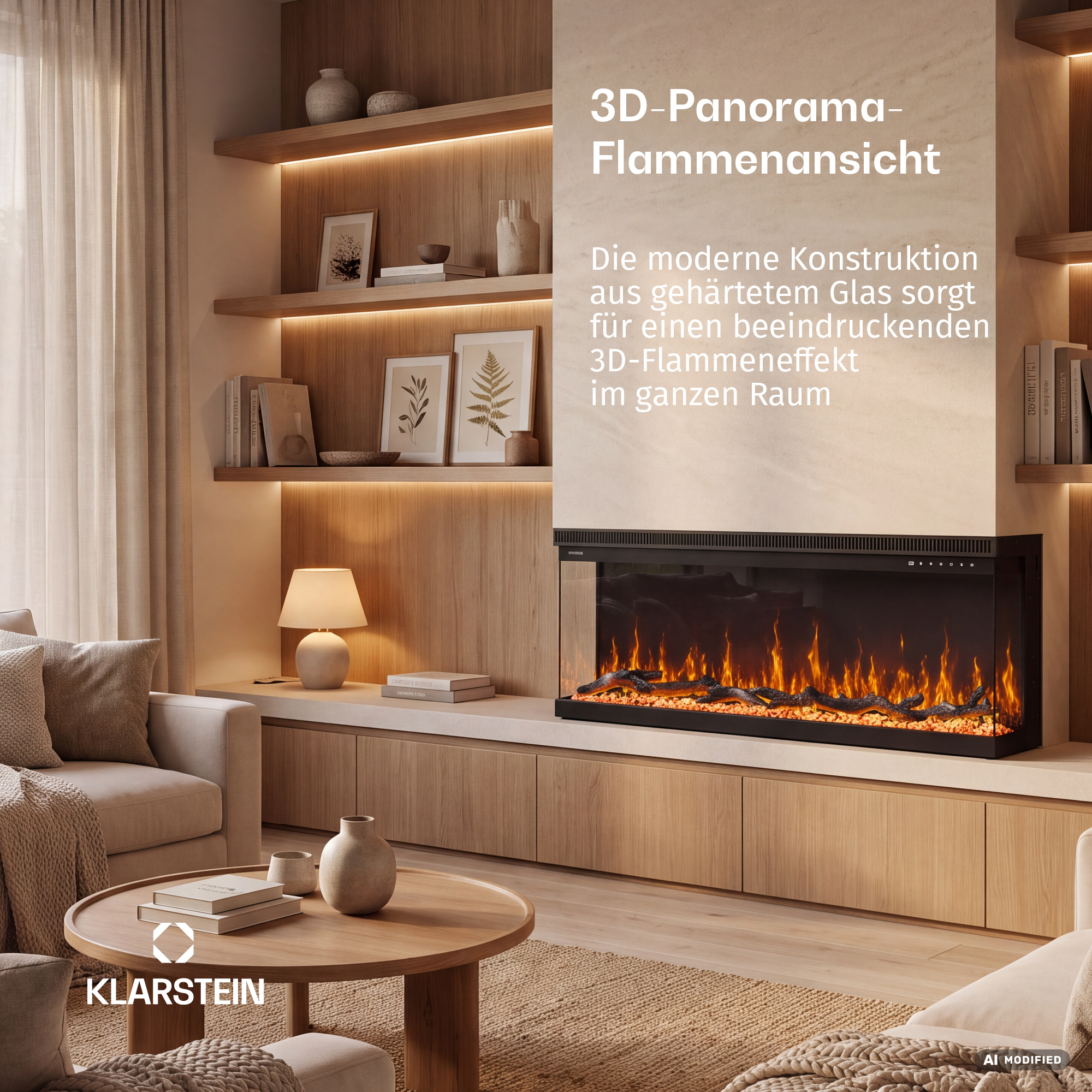 Wohnzimmer mit modernem 3D-Elektrokamin, Holzwand und gemütlicher Sitzgruppe.