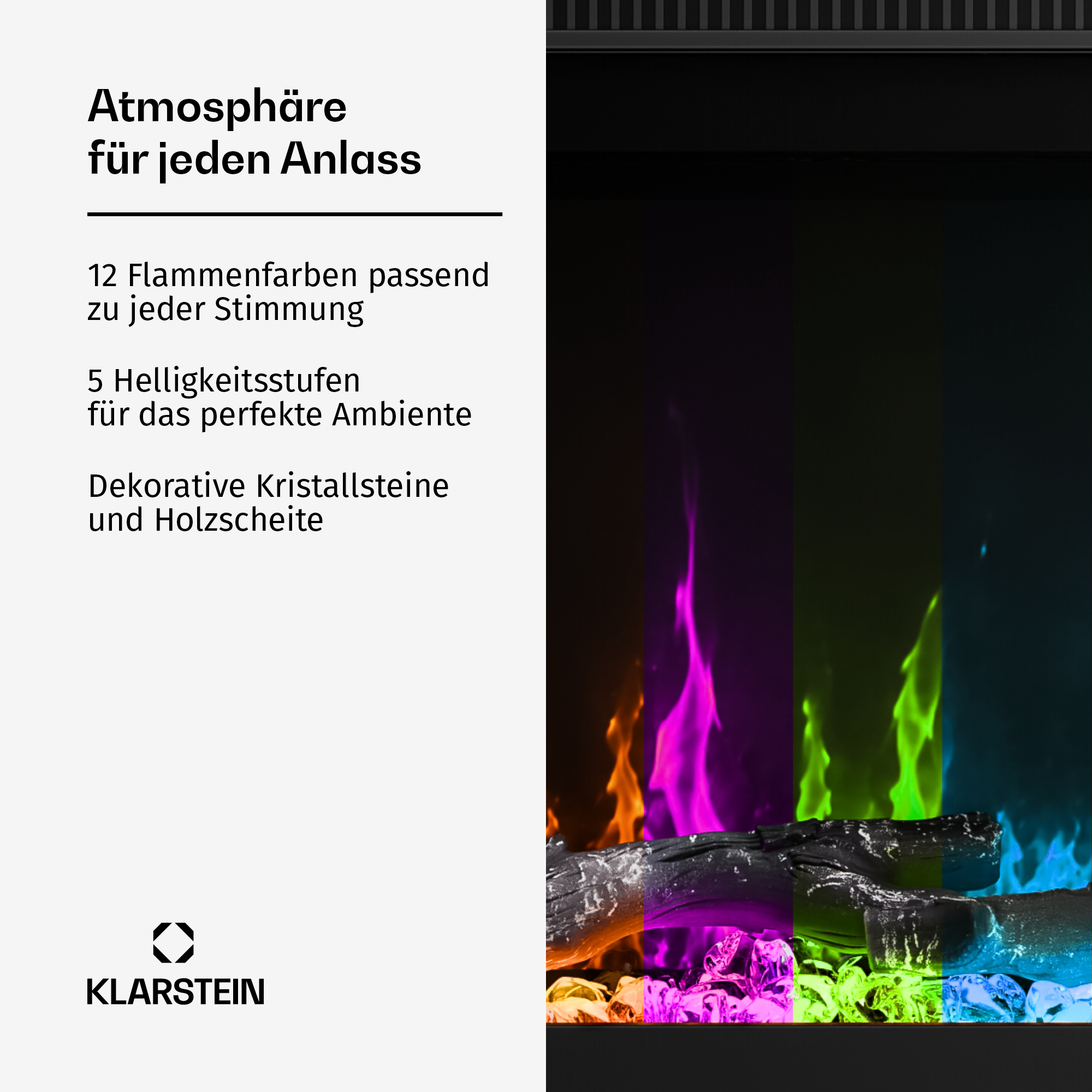 Elektrischer Kamin mit mehrfarbigen Flammen, Text und Klarstein-Logo links.