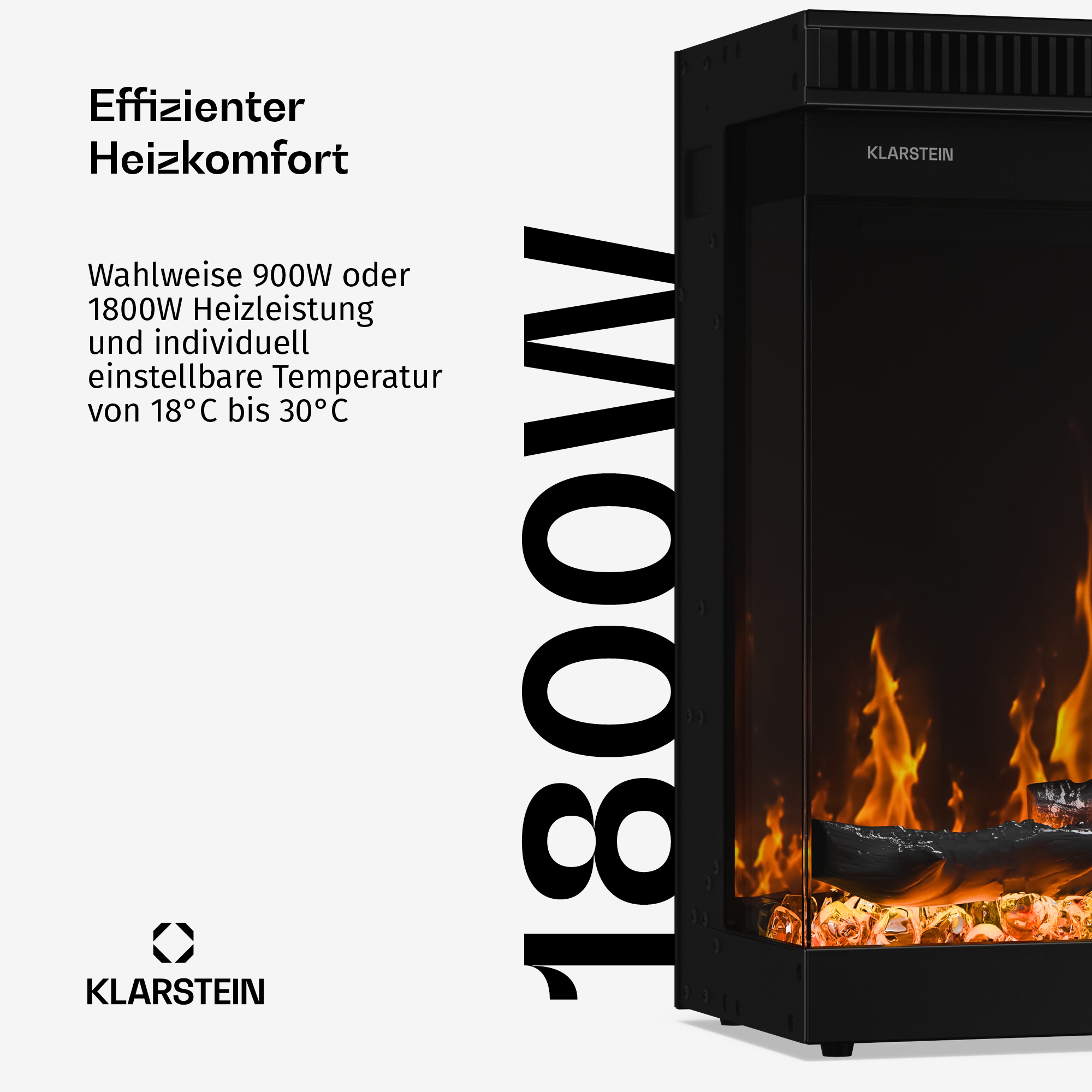 Klarstein Kamin mit 1800W, Flammeneffekt und heizkomfort.