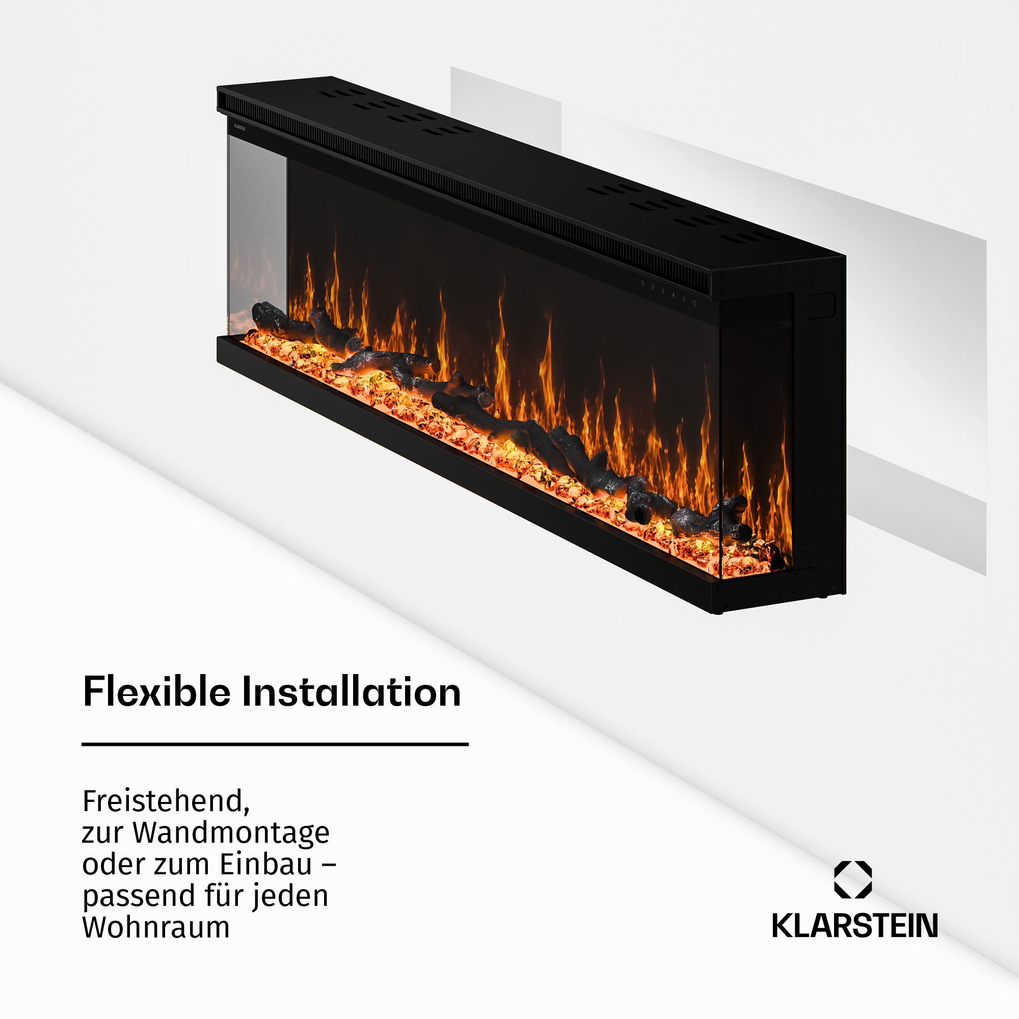 Ein schwarzer Elektrokamin mit orangen Flammen und Holzscheiten an einer weißen Wand mit Text.