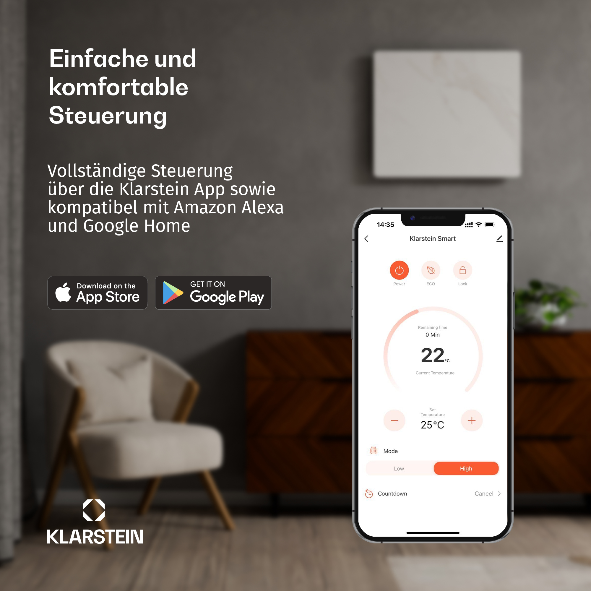 Ein Smartphone zeigt die Klarstein Smart App zur Heizungssteuerung vor einem gemütlichen Wohnzimmer.