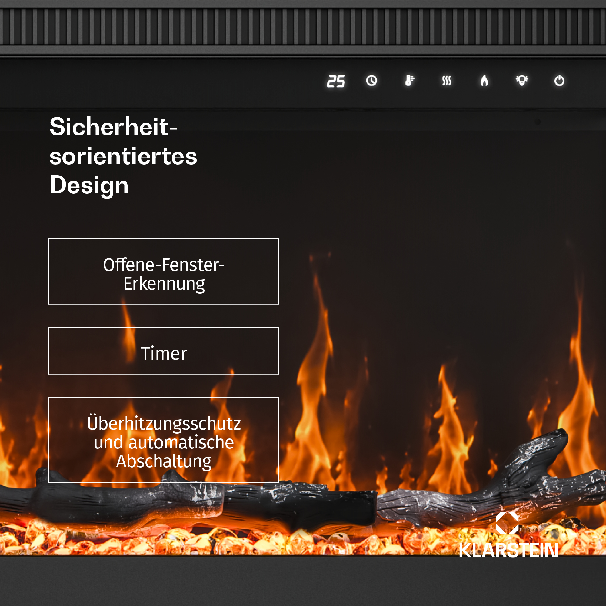 Sicherheitsorientiertes Design mit elektrischem Kamin, Flammen, Holzscheiten und Symbolen.