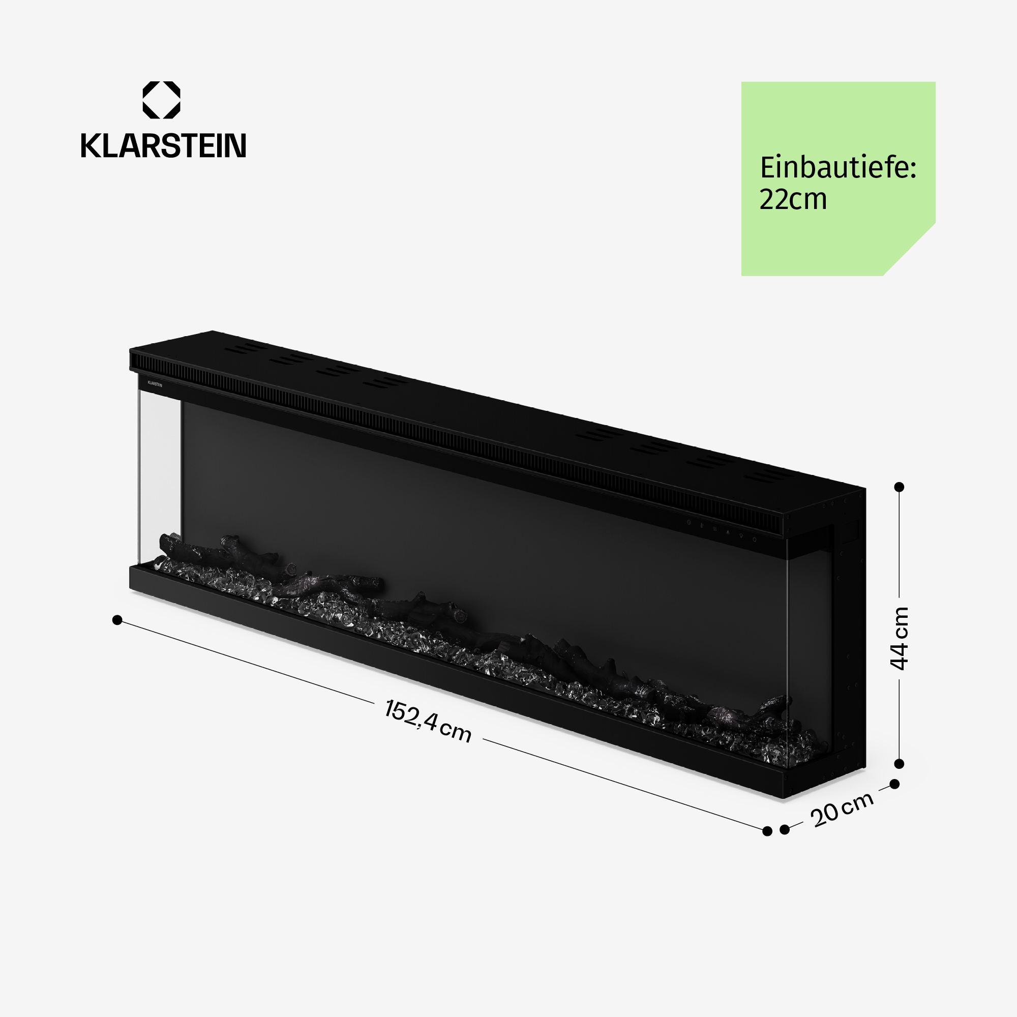 Schwarzer Klarstein Elektrokamin mit den Maßen 152,4x44x20 cm und 22 cm Einbautiefe.