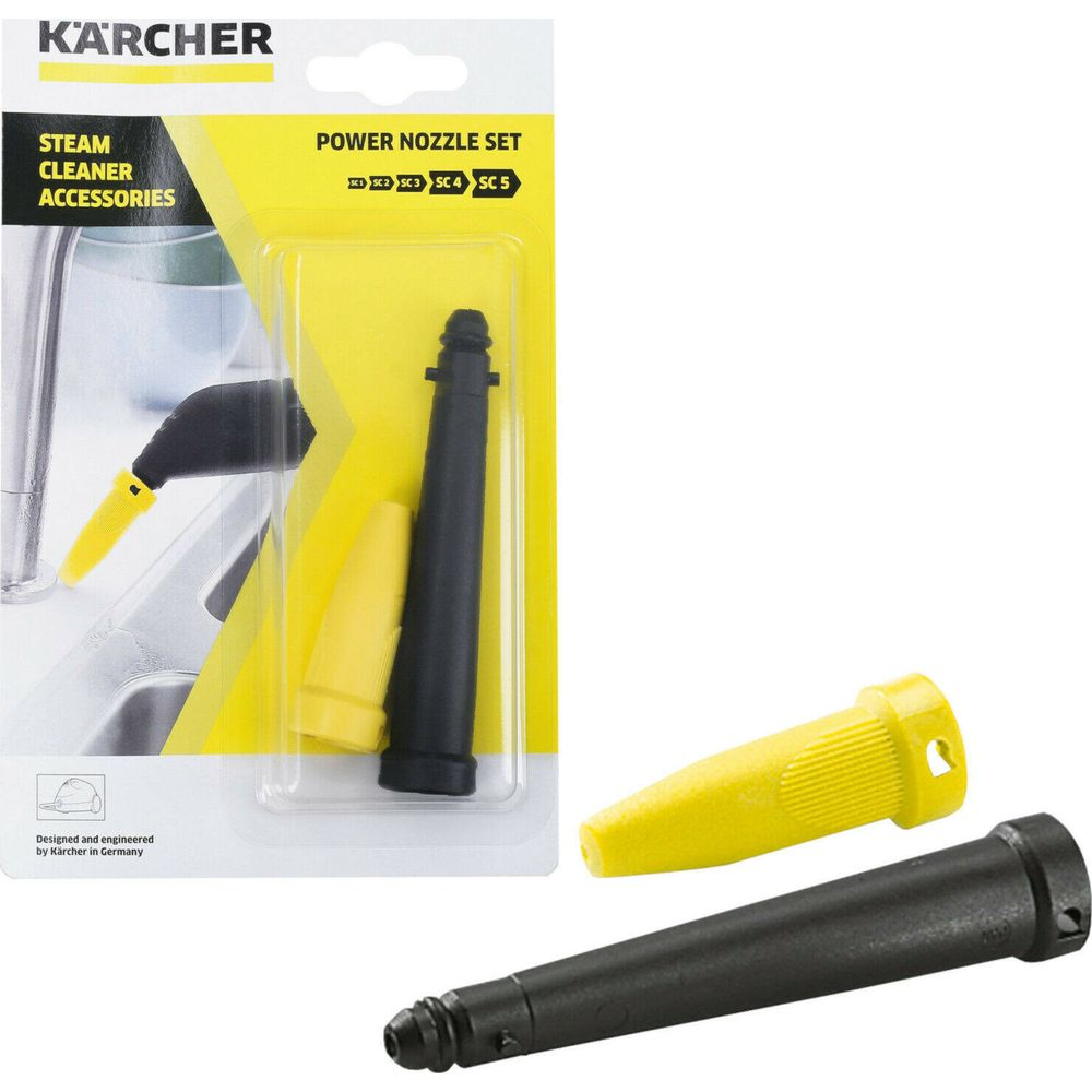 Kärcher Power-Düstenset mit einer gelben und einer schwarzen Dampfreinigerdüse in der Verpackung.