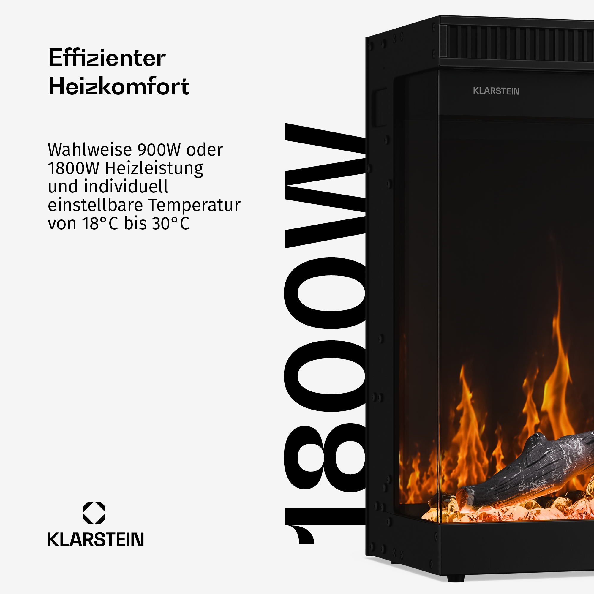 Klarstein Kamin mit 1800W, Flammeneffekt und heizkomfort.