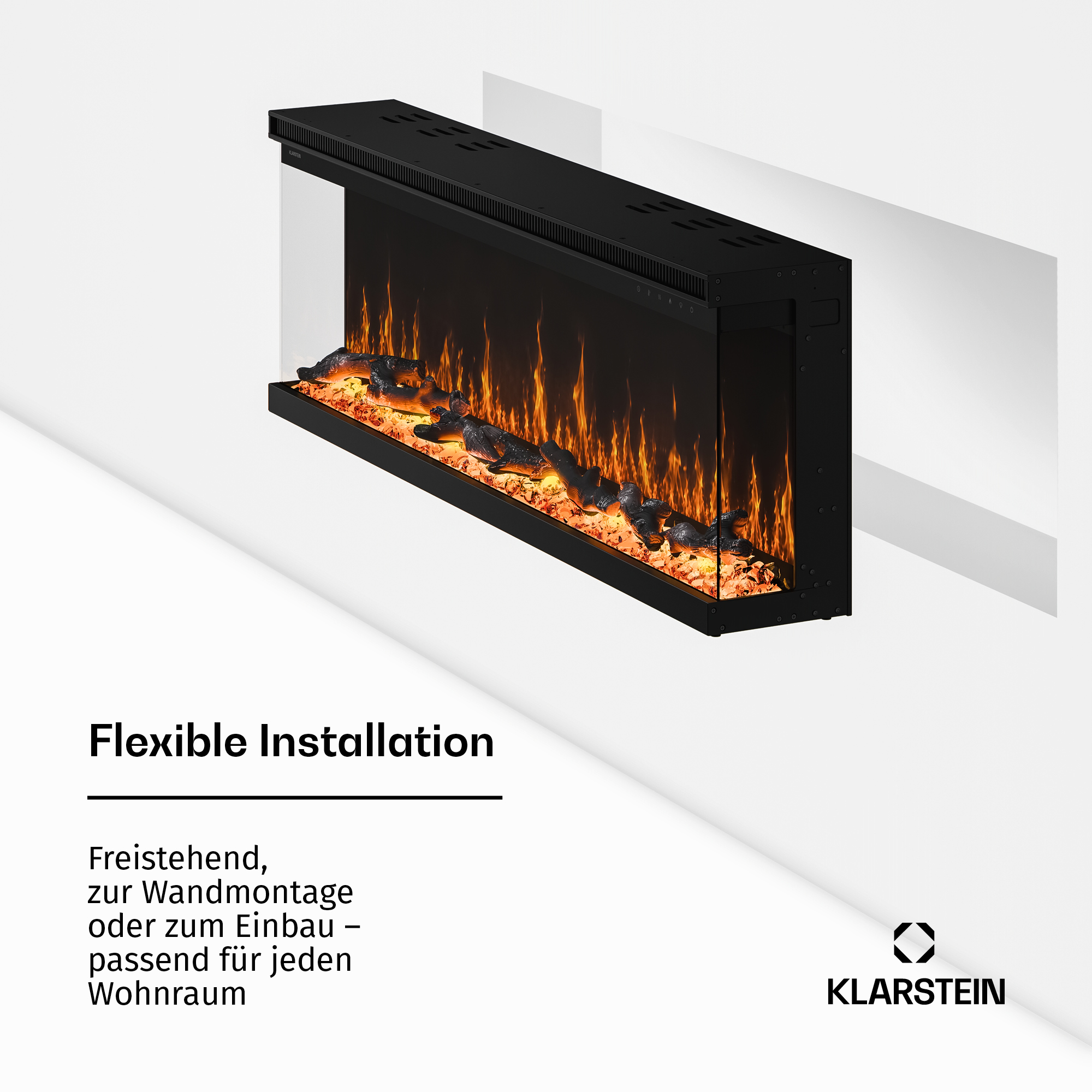 Moderner schwarzer Elektrokamin mit künstlichen Flammen, montiert an einer weißen Wand mit Text.