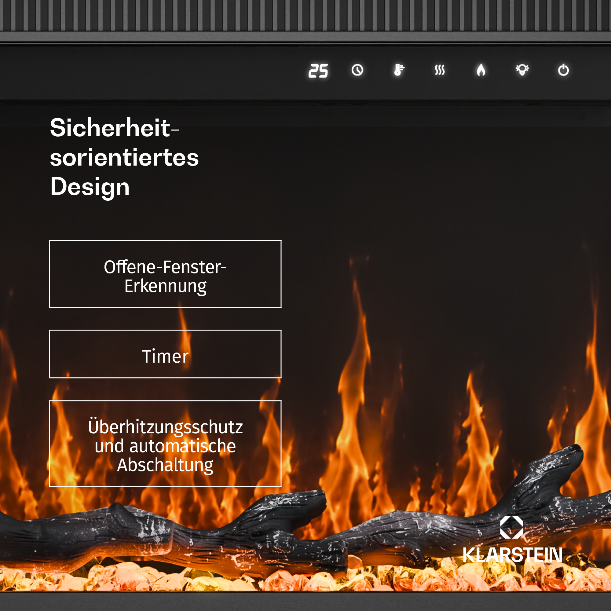 Sicherheitsorientiertes Design mit Feuer-Effekt, Timer und Überhitzungsschutz.