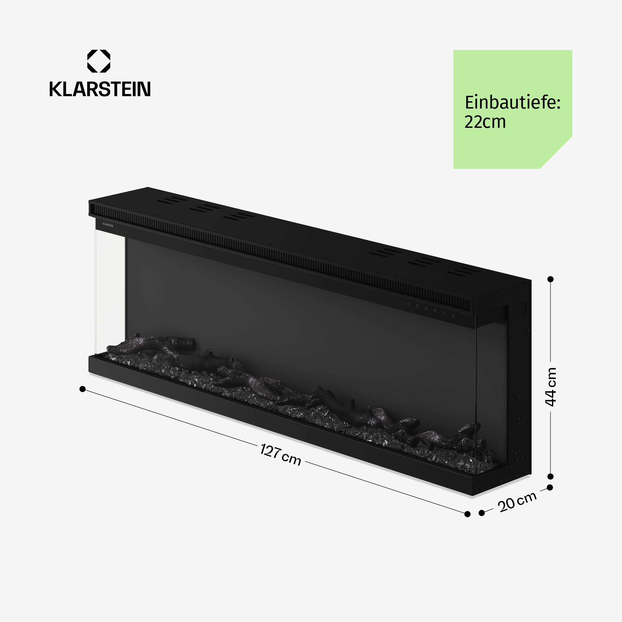 Schwarzer Klarstein Elektrokamin mit Maßen: 127cm Länge, 44cm Höhe, 20cm Tiefe und 22cm Einbautiefe.