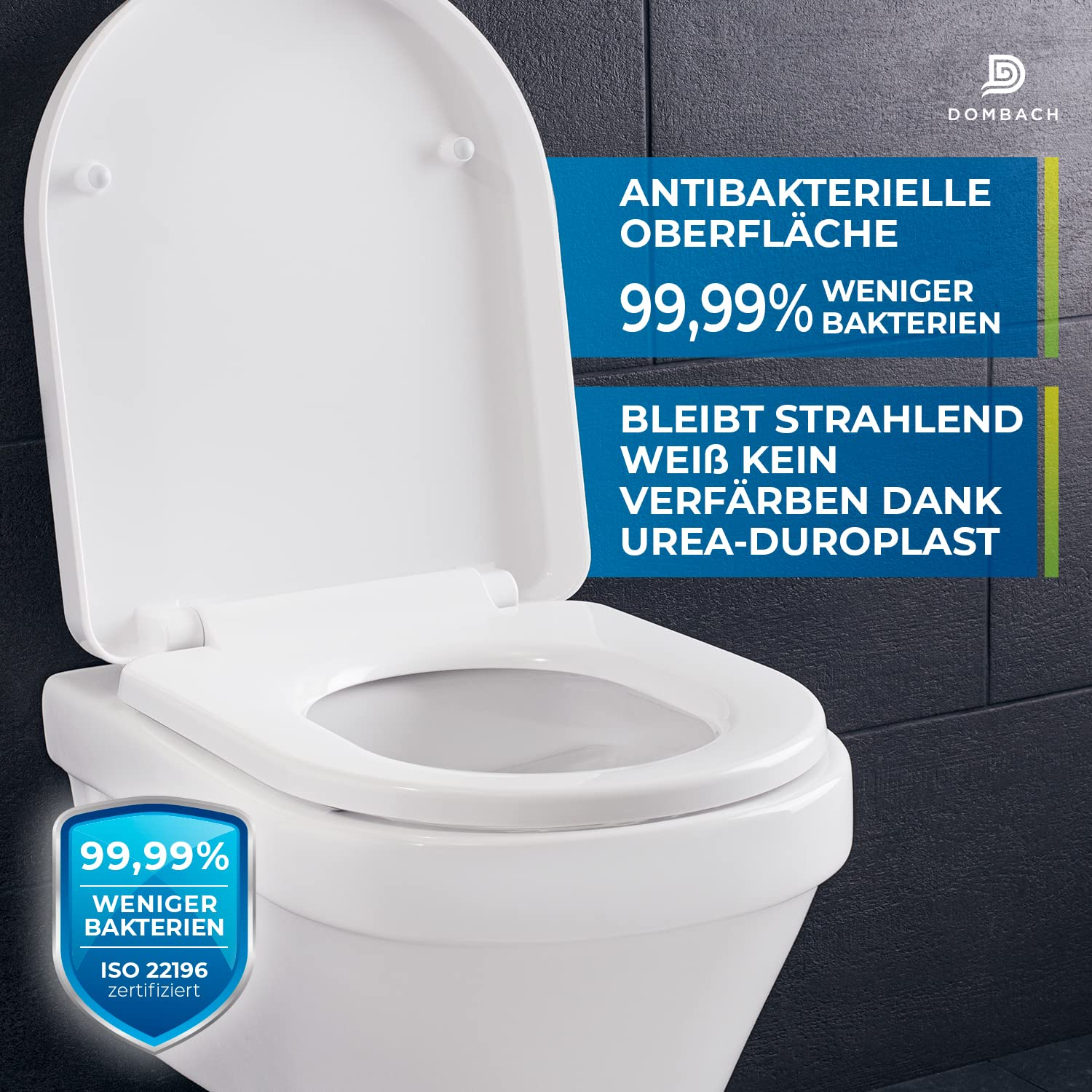Weißer WC-Sitz mit antibakterieller Oberfläche und Text über bakterienfreie Eigenschaften auf dunklem Hintergrund.