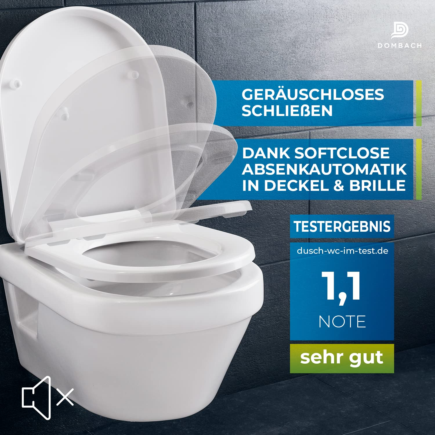 Weiße Wand-WC mit Soft-Close-Funktion und Textgrafiken über leisem Schließen.