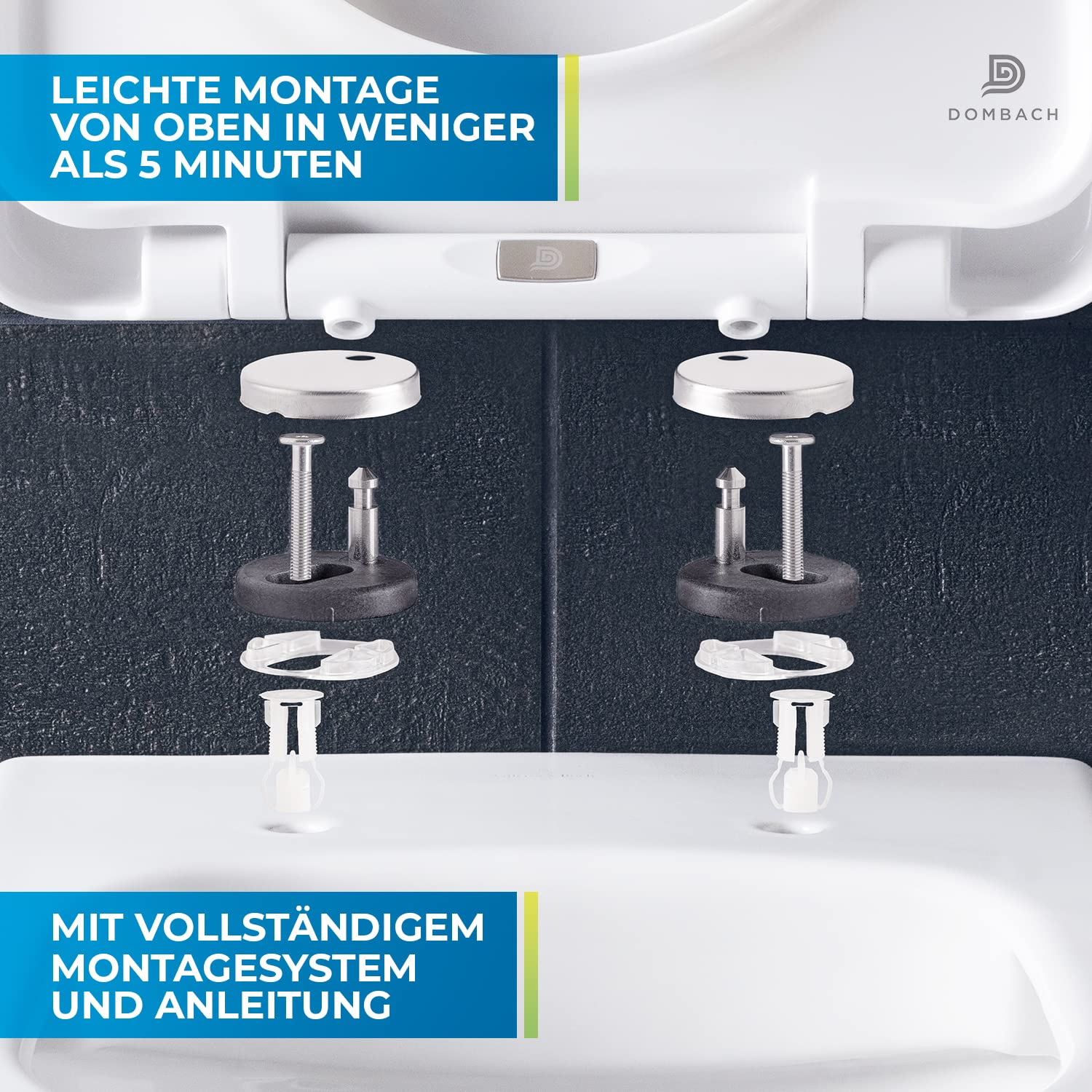 Explosionszeichnung der oberen Befestigung eines weißen Toilettensitzes mit Schrauben und Dichtungen.