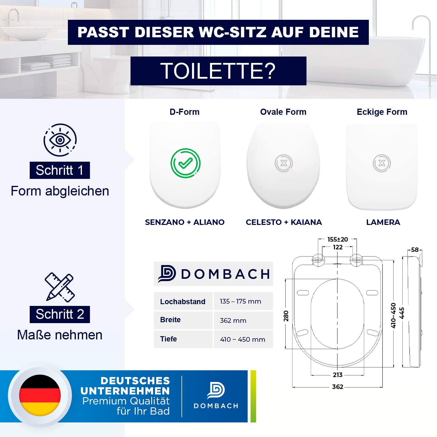 Anleitung zur Auswahl des richtigen WC-Sitzes mit Formenvergleich und Maßen.