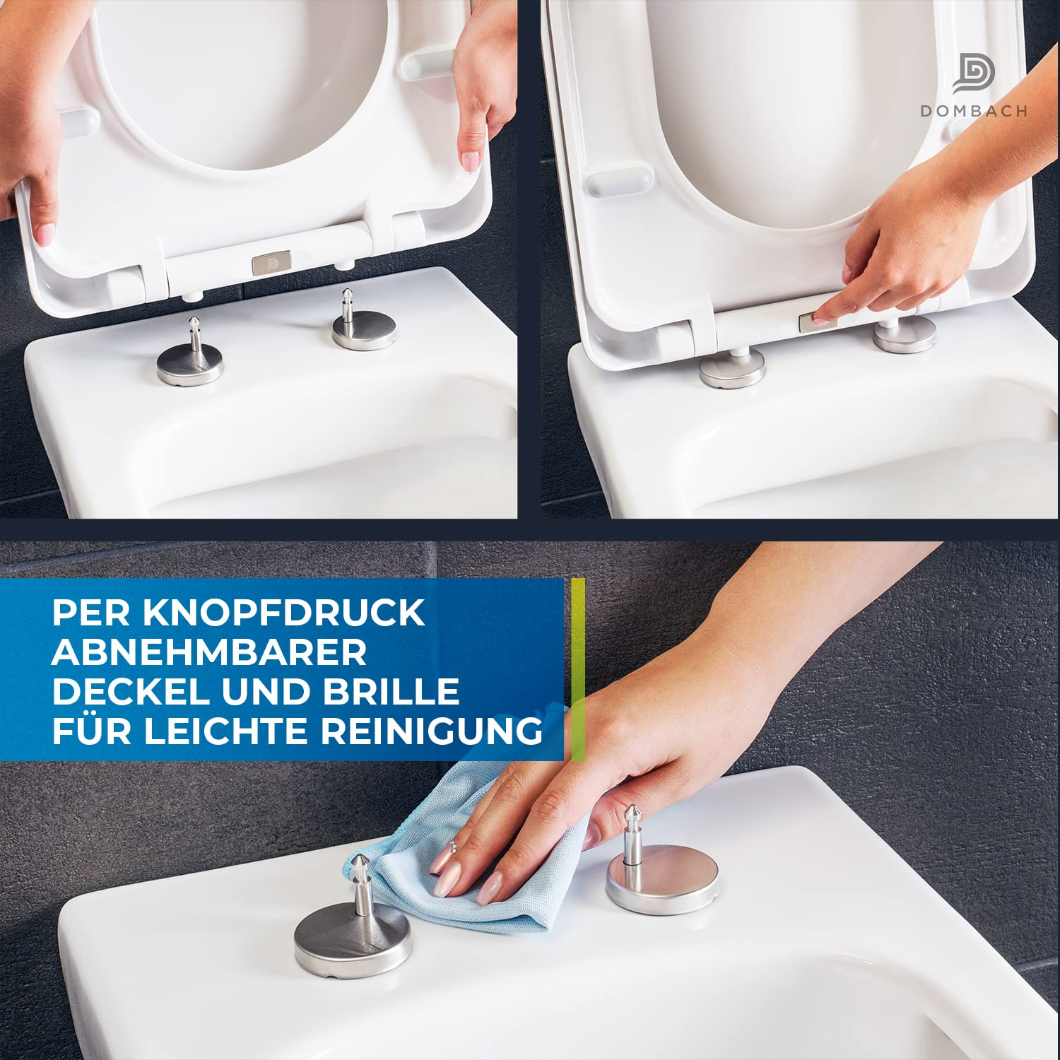 Hände entfernen und reinigen einen weißen Toilettensitz mit Schnellverschluss.