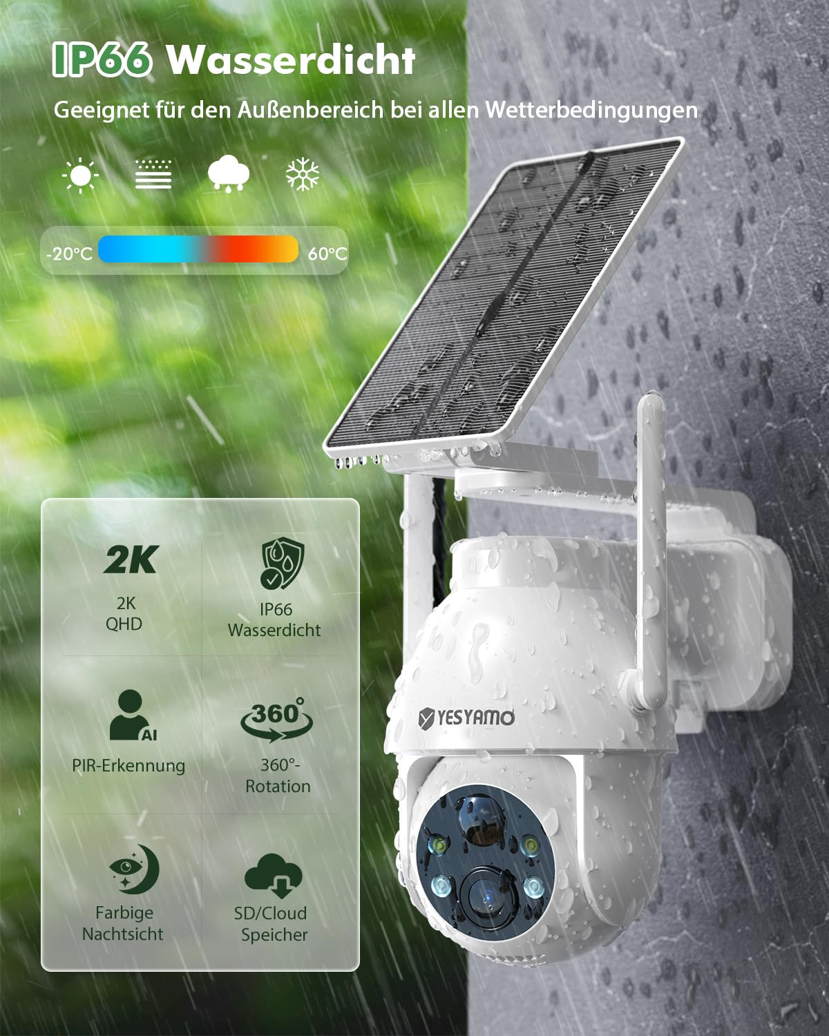 Telecamera di sicurezza bianca impermeabile con pannello solare sotto la pioggia, con testo e icone.