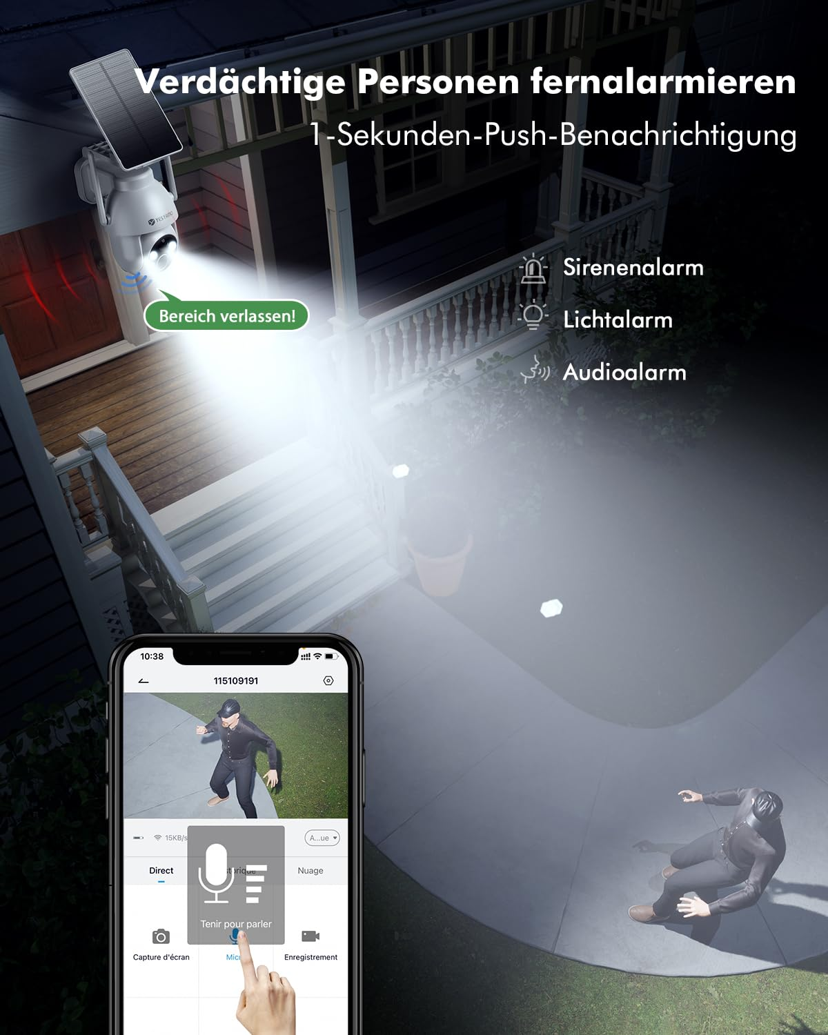 Telecamera di sicurezza illumina una casa di notte, mostrando un intruso su un'app.