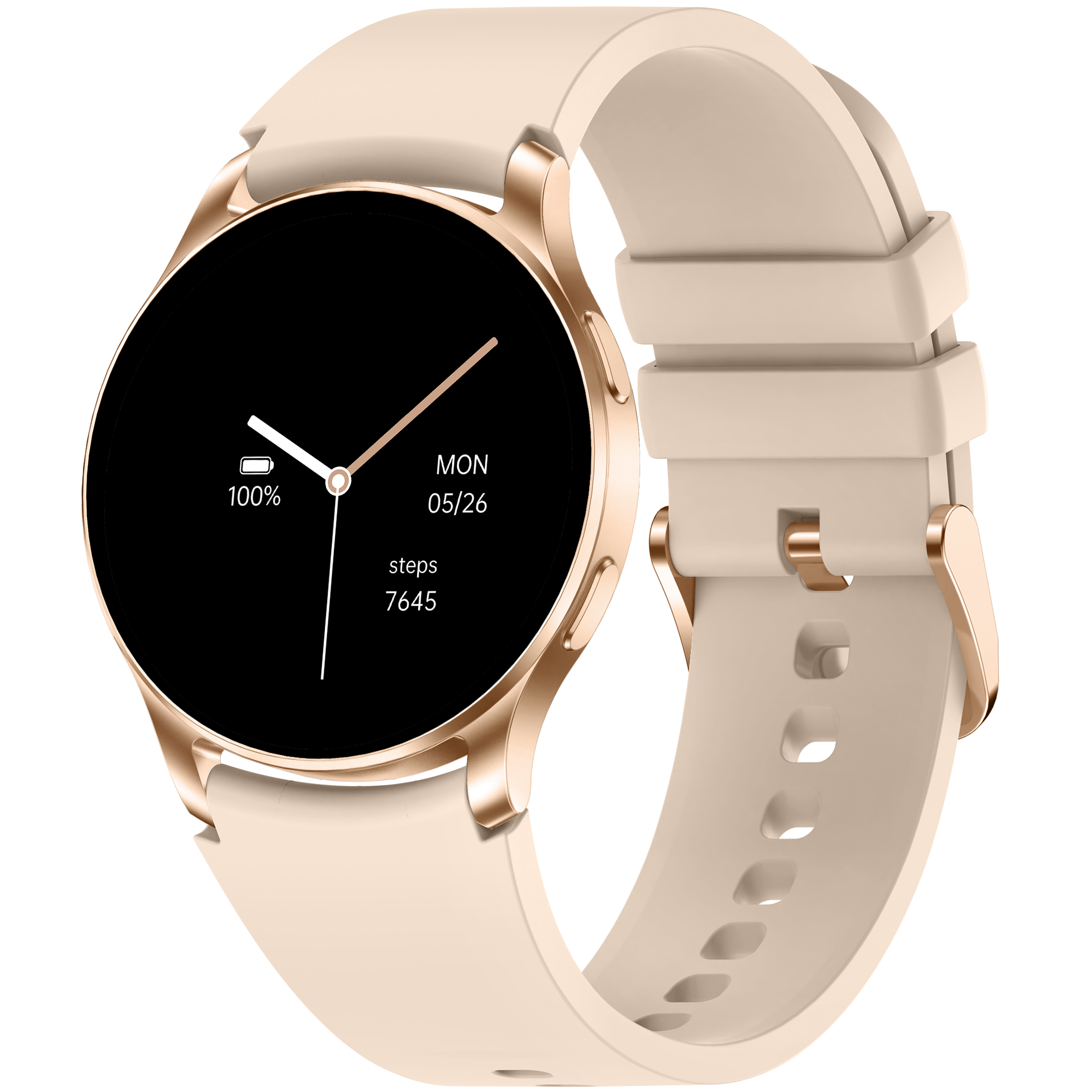 Eine roségoldene Smartwatch mit beigem Silikonarmband zeigt Zeit, Batteriestatus und Schritte auf dem runden Display.