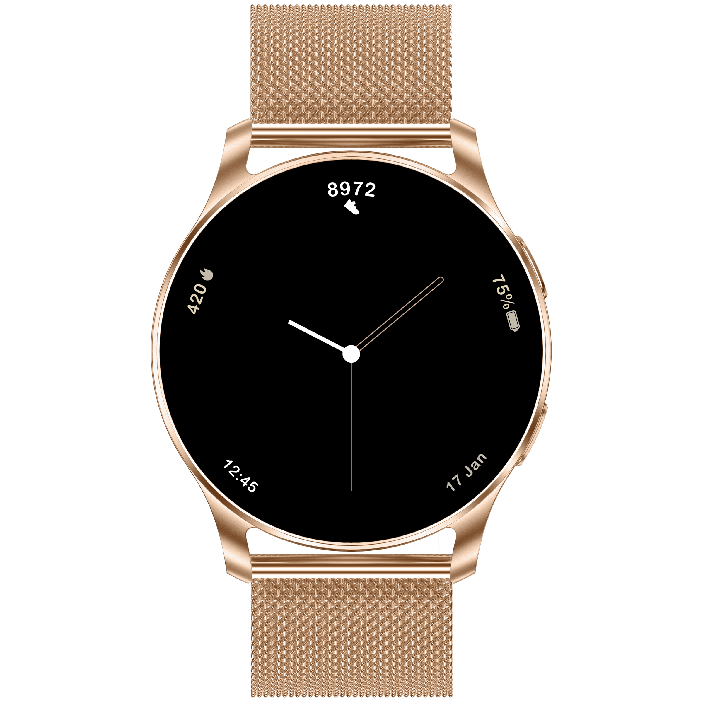 Eine roségoldene Smartwatch mit Mesh-Armband und schwarzem Zifferblatt, das Uhrzeit, Schritte und Akkustand anzeigt.