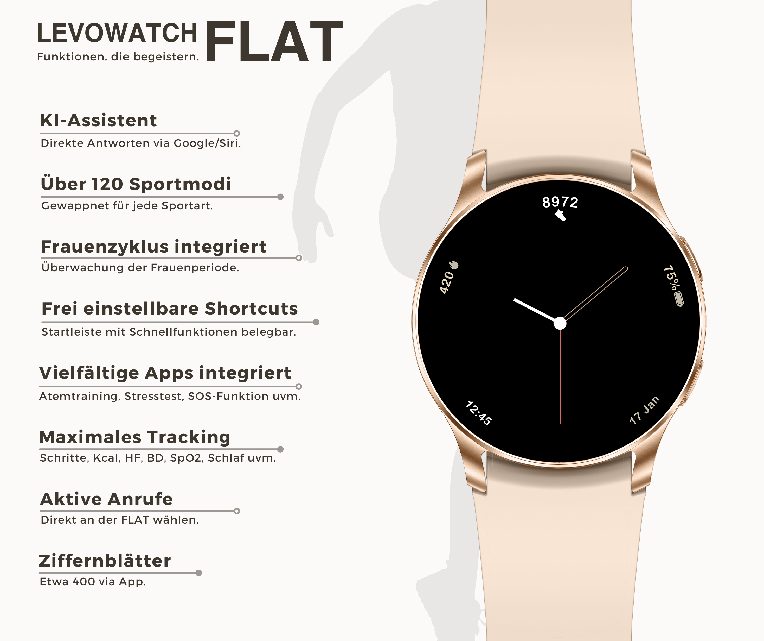 Levowatch Flat Smartwatch mit rosévergoldetem Gehäuse und beigem Armband neben Textfeatures.