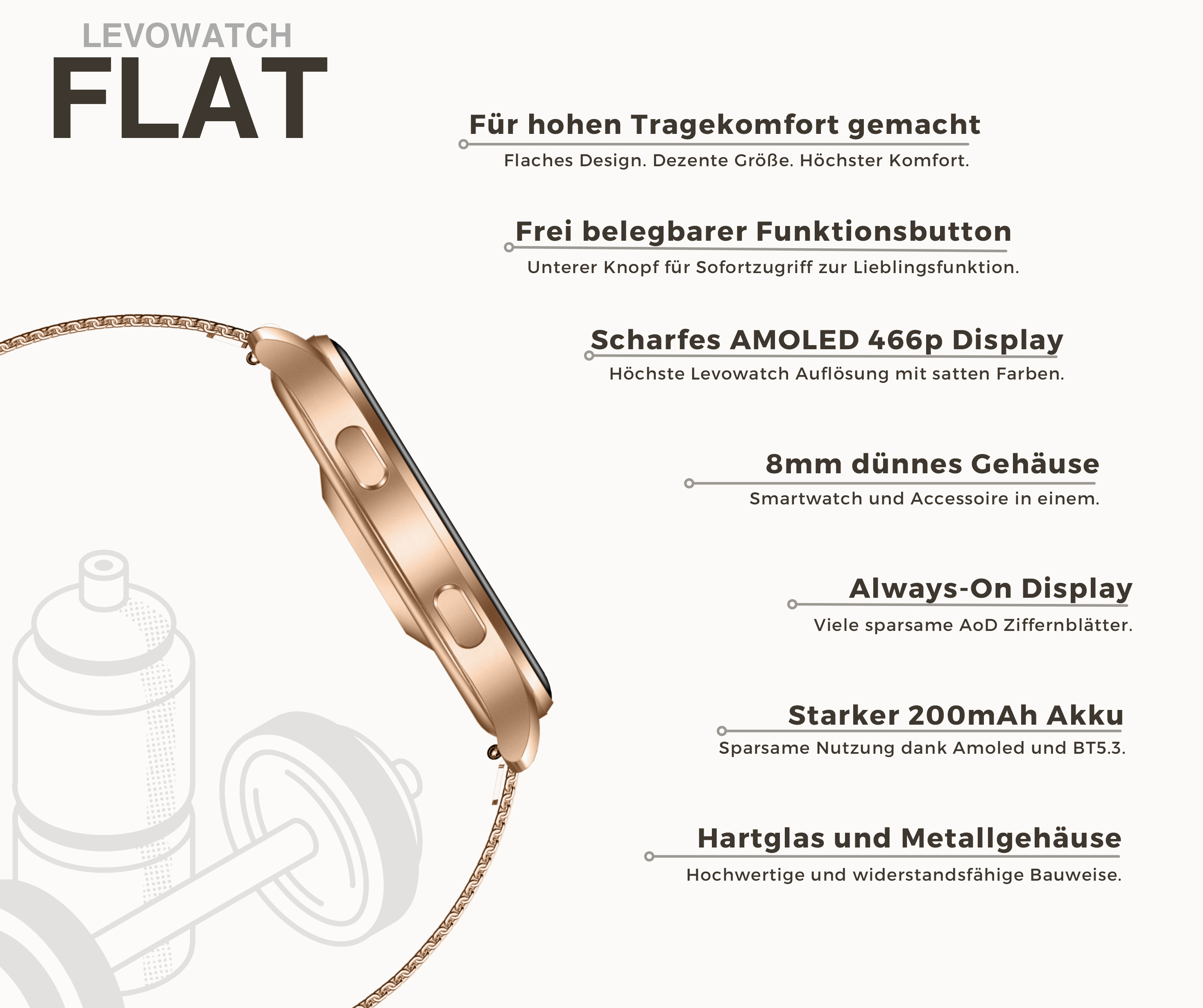 Levowatch Flat Smartwatch in Roségold mit mehreren Produktfeatures und deutscher Beschreibung.