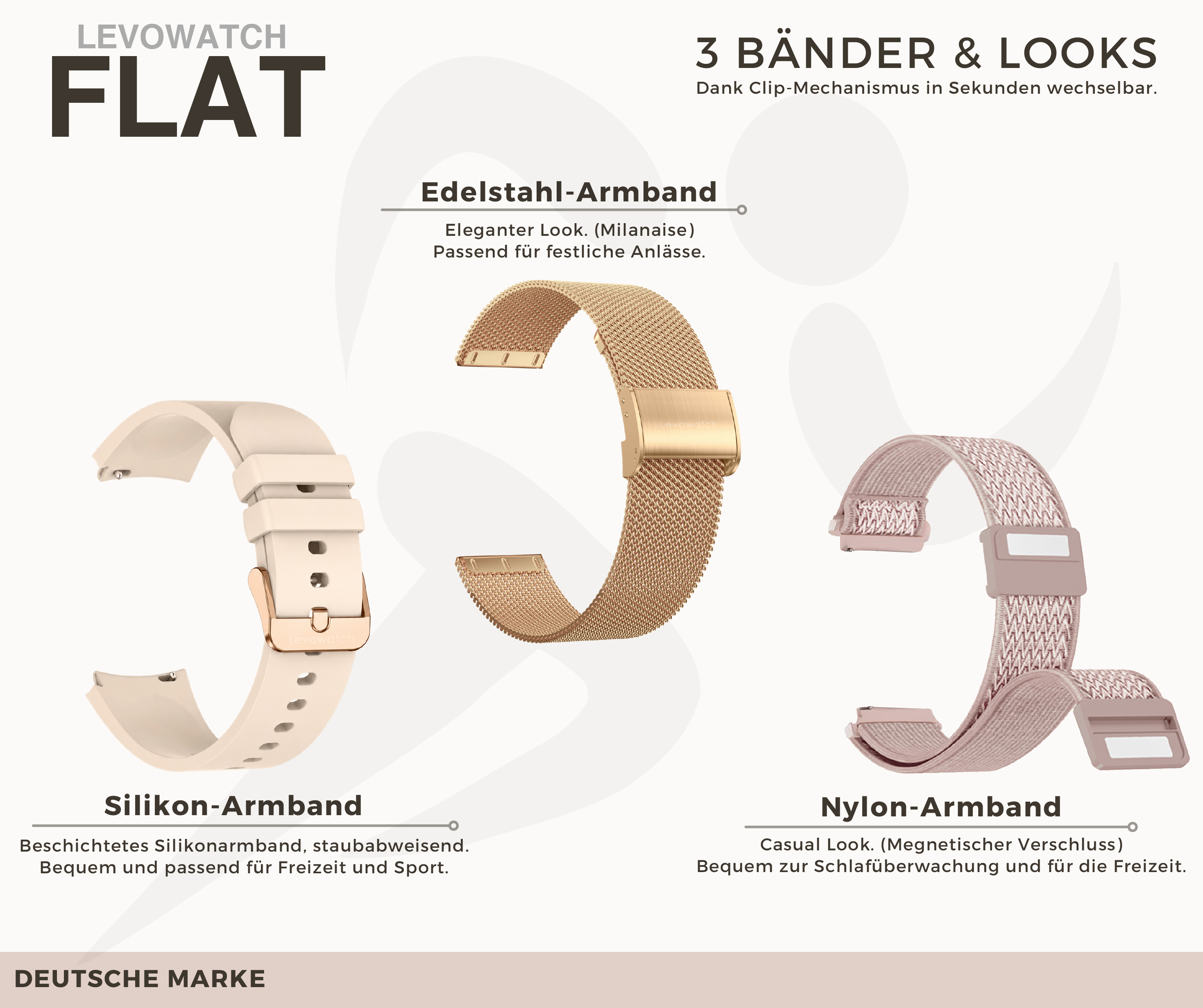Drei Uhrenarmbänder: beiges Silikon, goldener Edelstahl und rosa Nylon auf hellen Hintergrund mit deutschem Text.