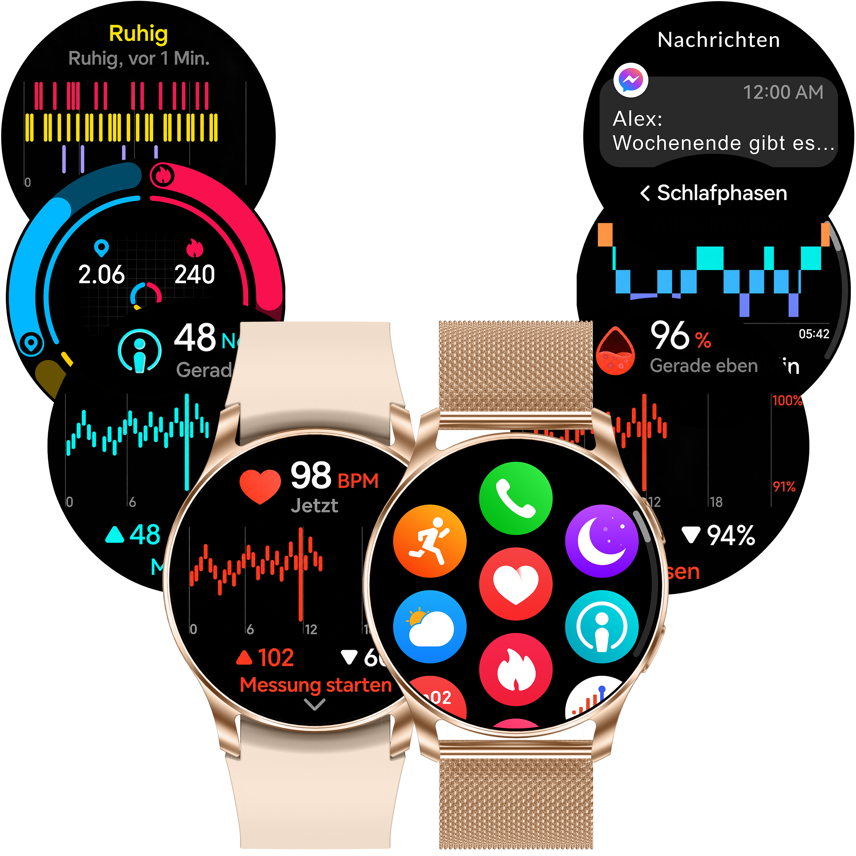 Zwei goldene Smartwatches mit verschiedenen bunten Fitness- und Benutzeroberflächen im Hintergrund.