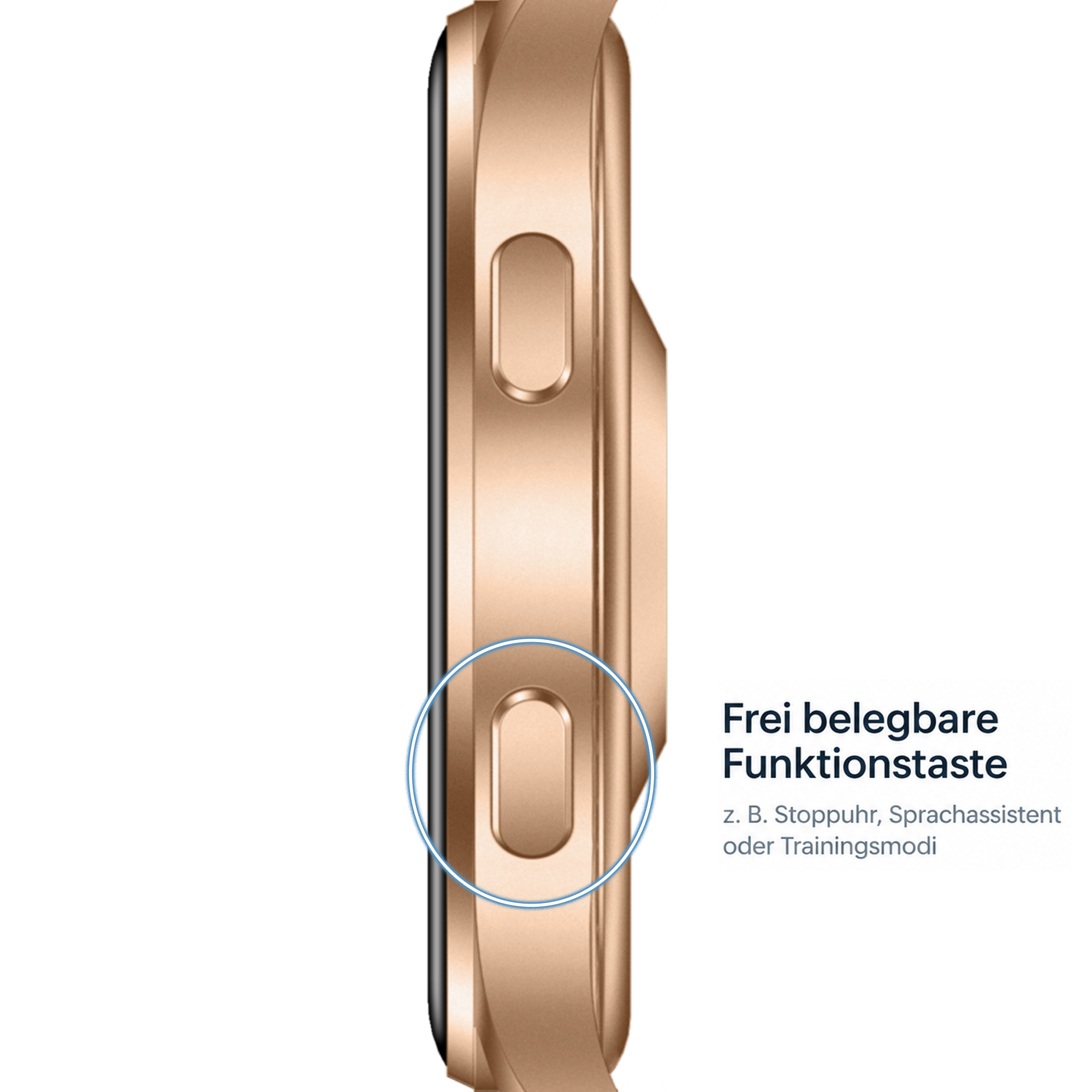 Seitenansicht einer goldenen Smartwatch mit Fokus auf eine frei belegbare Funktionstaste.