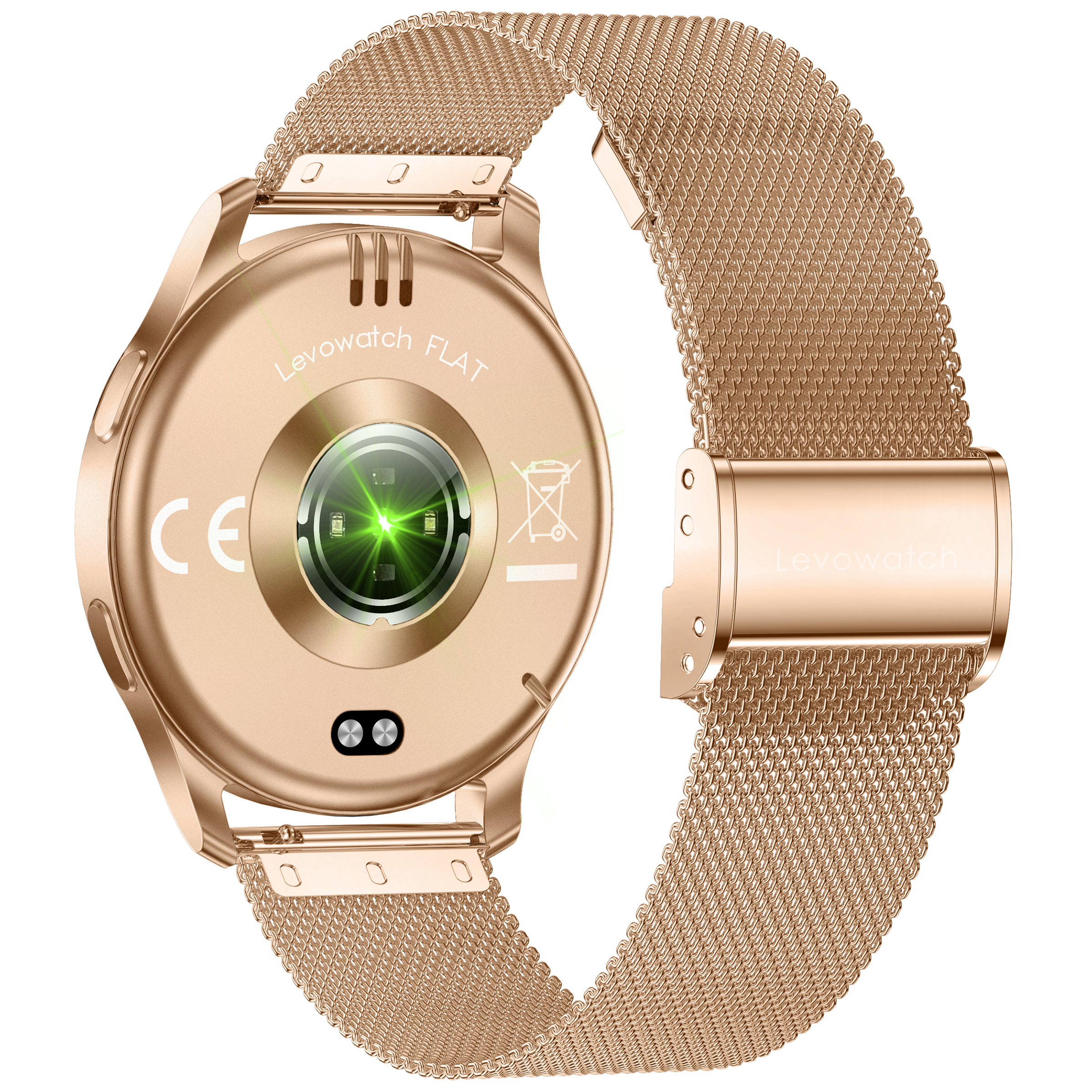 Rückseite einer roségoldenen Levowatch FLAT Smartwatch mit grünem Sensor und Metallarmband.