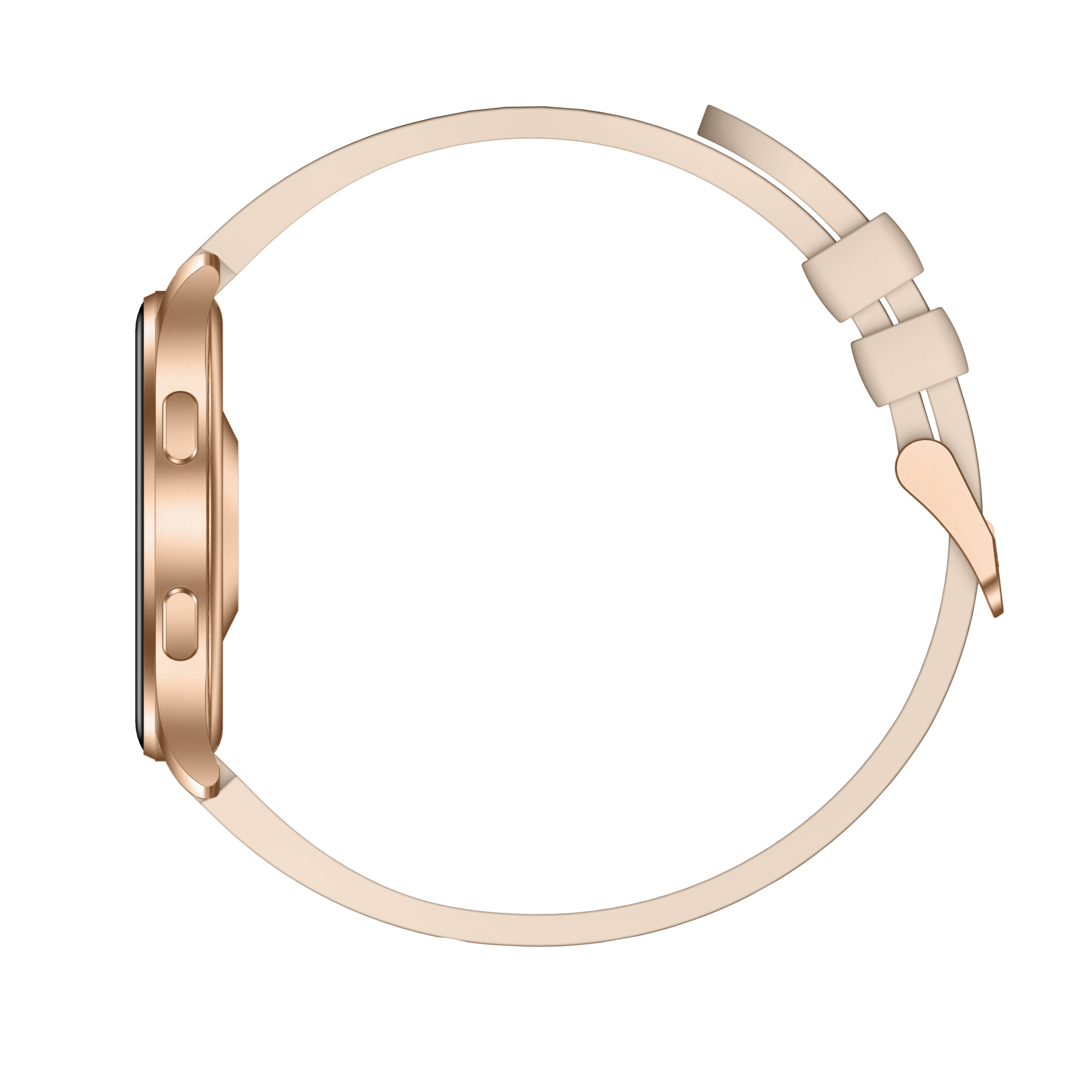 Eine roségoldene Smartwatch mit passendem Armband im Seitenprofil auf weißem Hintergrund.