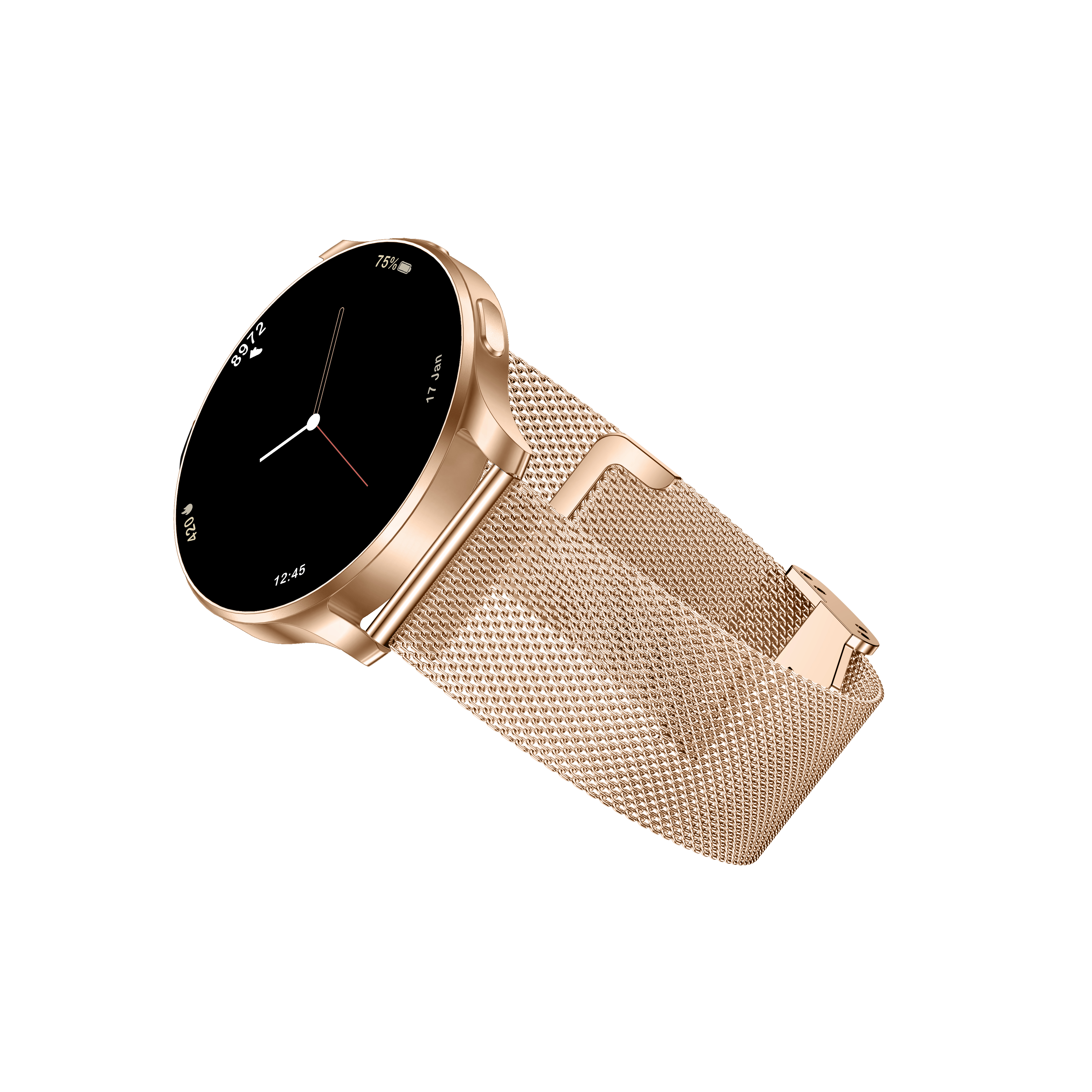 Eine roségoldene Smartwatch mit rundem, schwarzem Display und passendem Metall-Mesh-Armband vor weißem Hintergrund.