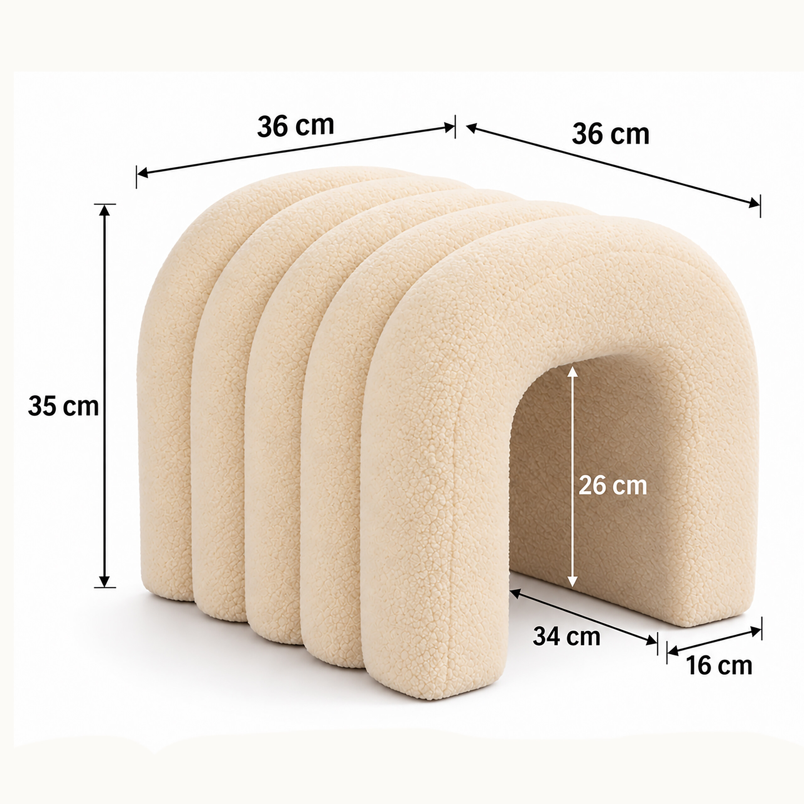 Beige, torbogenförmige Spieltunnel aus Plüsch mit Maßangaben für Höhe und Breite auf weißem Hintergrund.