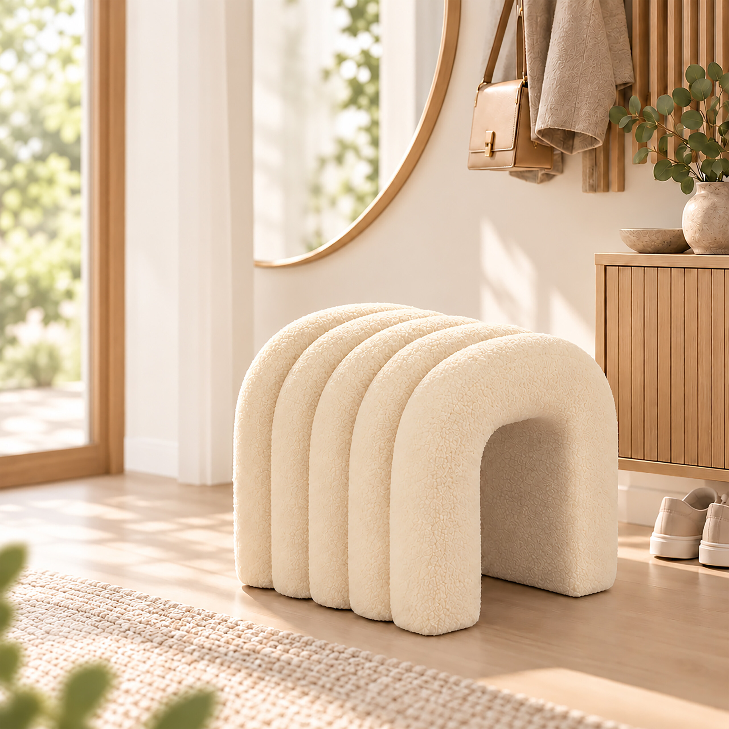 Ein beiger, bogenförmiger Hocker aus Schaffell steht in einem hellen, modernen Flur mit Spiegel und Holzmöbeln.