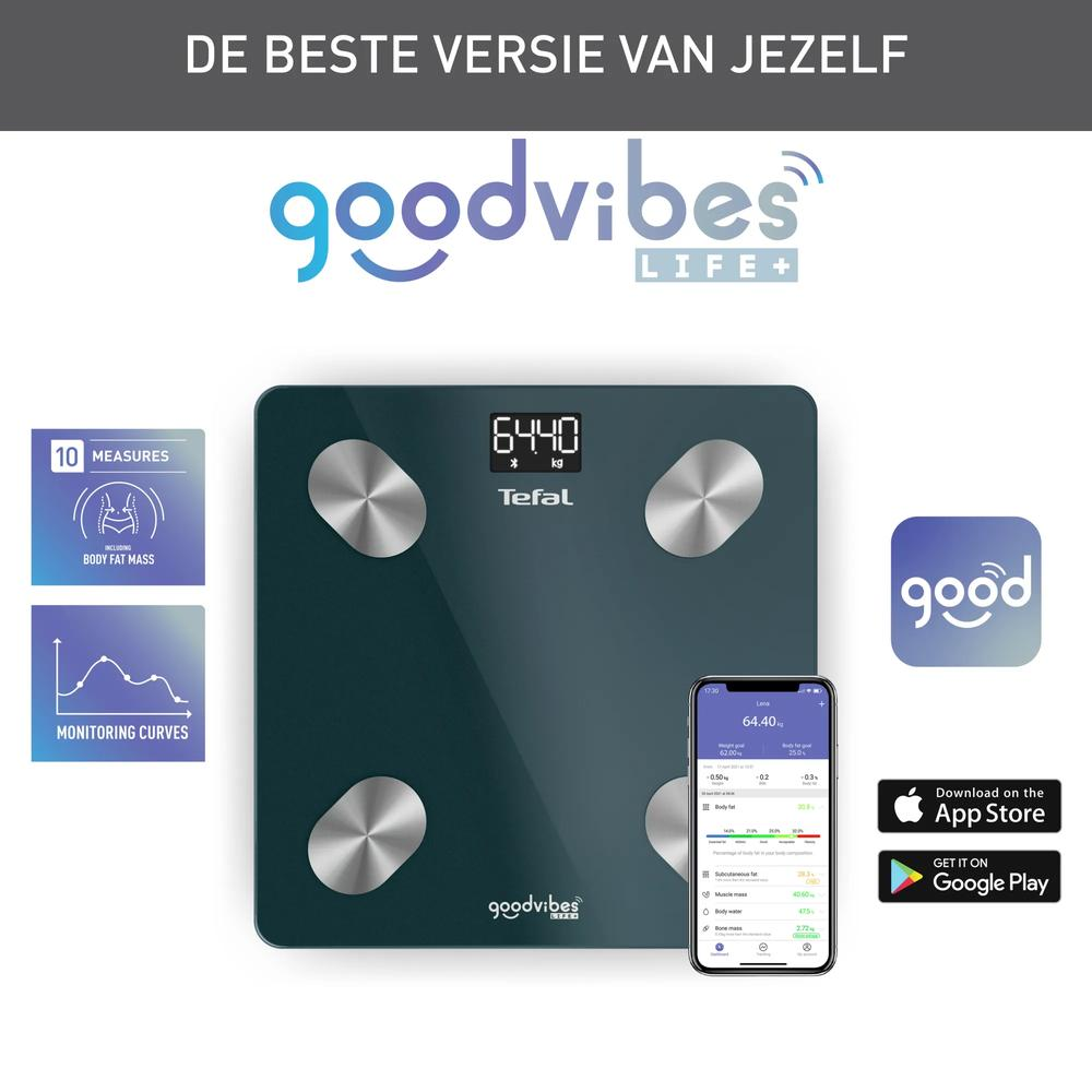 Tefal Personenwaage mit App-Anbindung, zeigt Gewicht, Körperfett und Diagramme auf dem Smartphone.