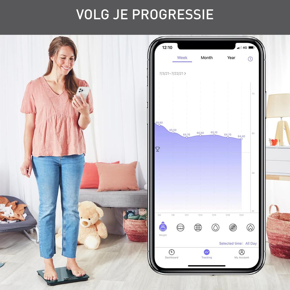 Eine Frau steht auf einer Waage und schaut auf ihr Smartphone, das eine Gewichtsverlaufskurve zeigt.