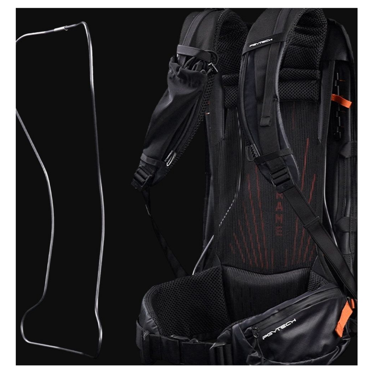 Ein schwarzer Rucksack mit ergonomischem Gurtsystem und separatem Metallrahmen auf schwarzem Hintergrund.
