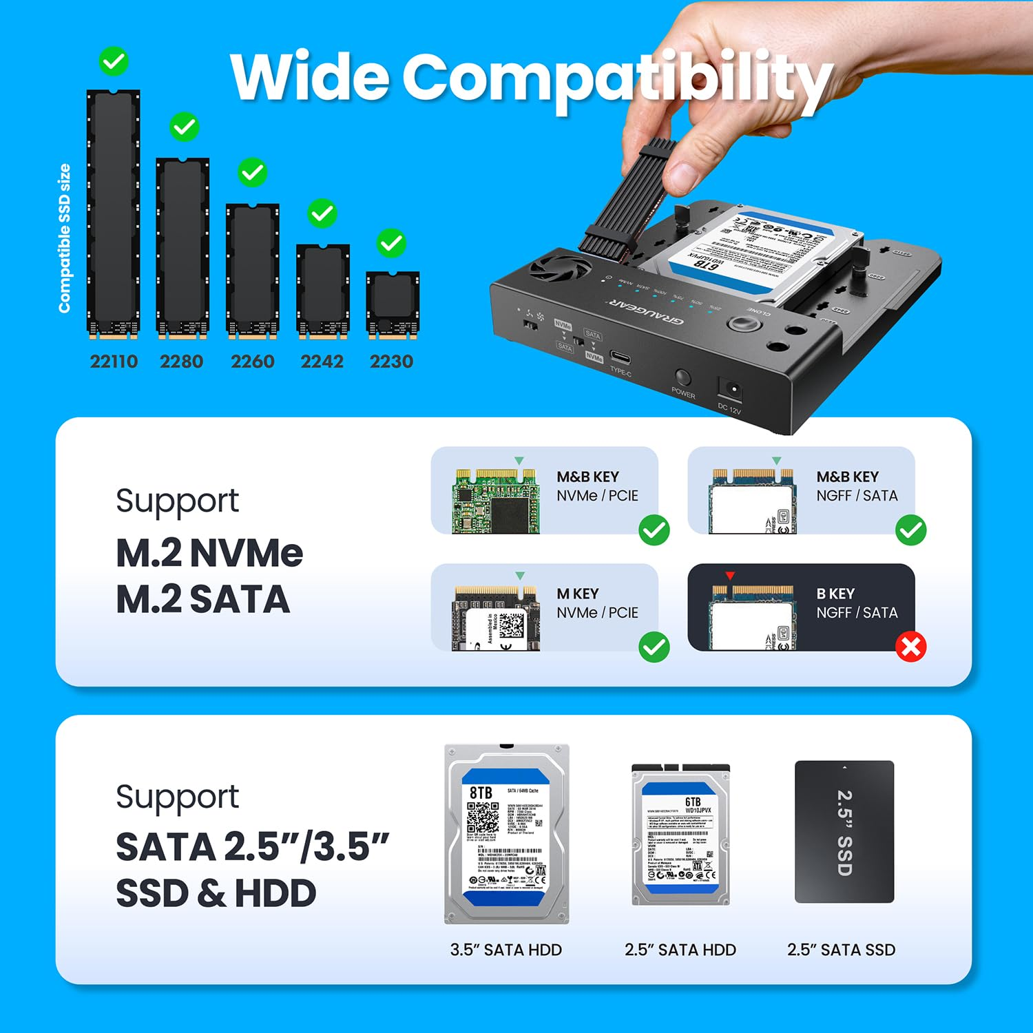 Diagramm zeigt breite SSD- und HDD-Kompatibilität, M.2-NVMe/SATA-Unterstützung und verschiedene Laufwerksgrößen.