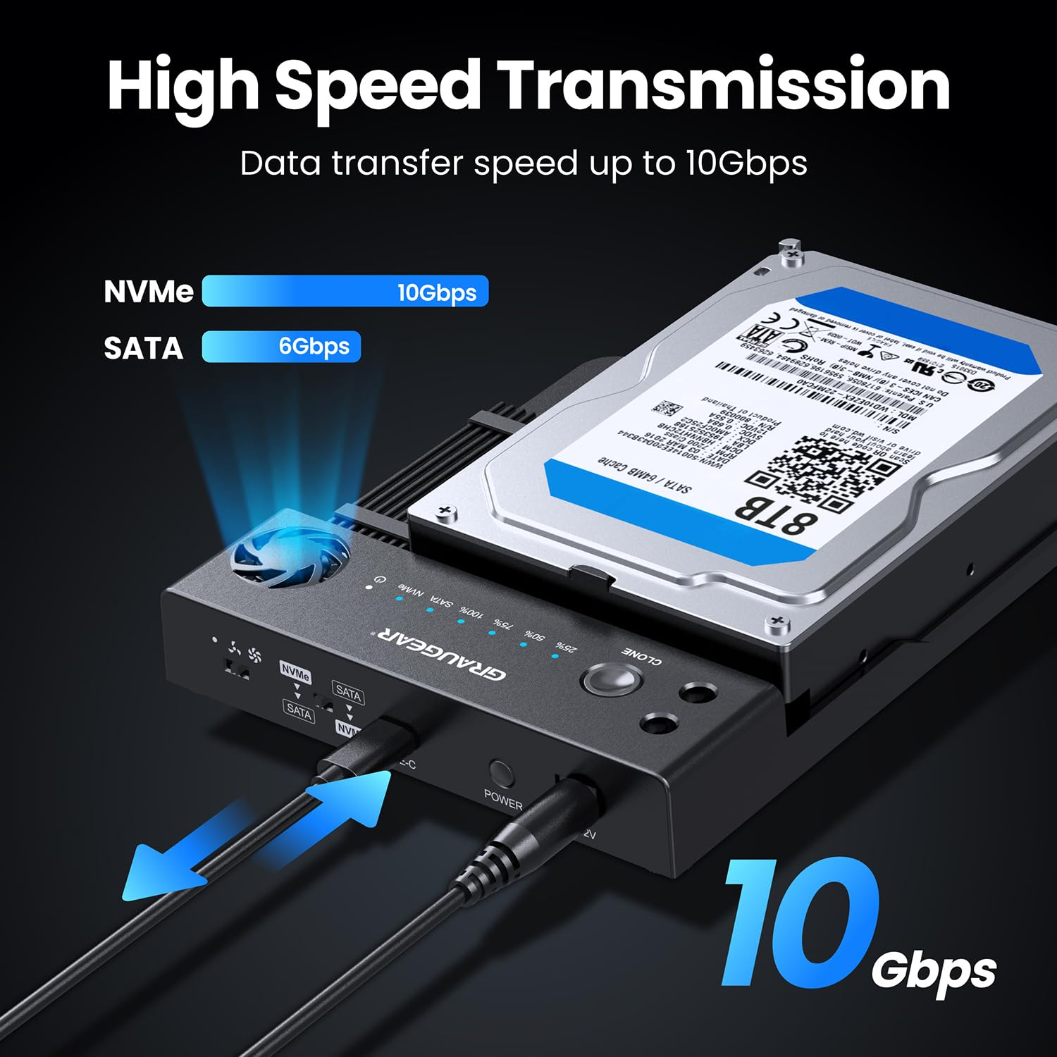 Eine Graugear Festplatten-Dockingstation mit einem 8TB Laufwerk, das eine Datenübertragung von bis zu 10Gbps zeigt.