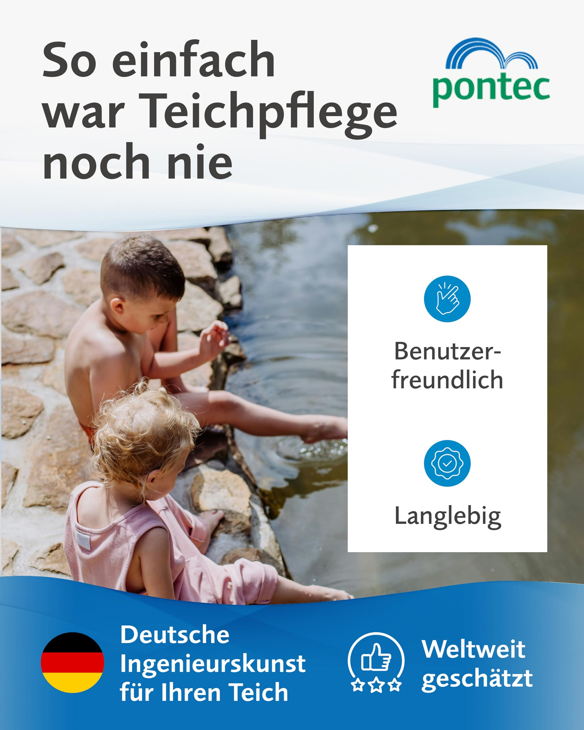 Zwei Kinder sitzen an einem Teich, umgeben von Werbetext und Icons für Teichpflegeprodukte.