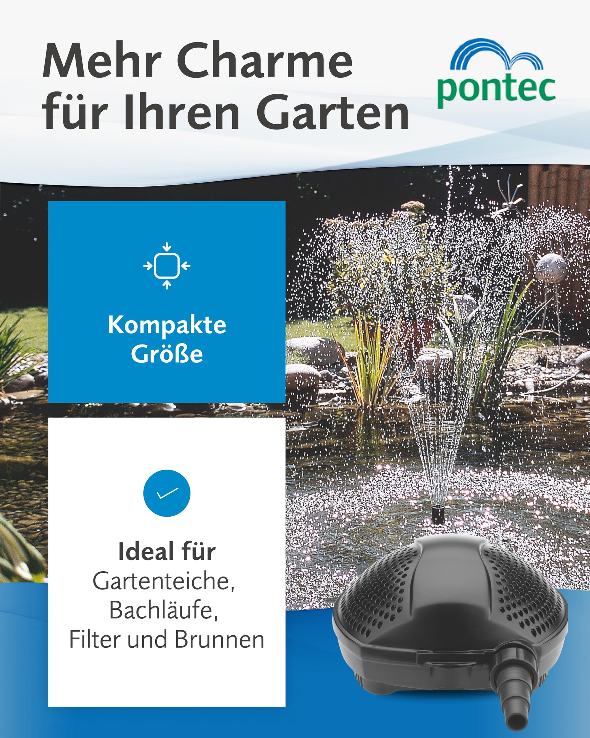 Pontec-Gartenpumpe und Brunnenwerbung mit Text und Teichszene.