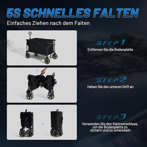 Guide d'instructions en trois étapes pour plier un chariot utilitaire noir à roues jaunes.