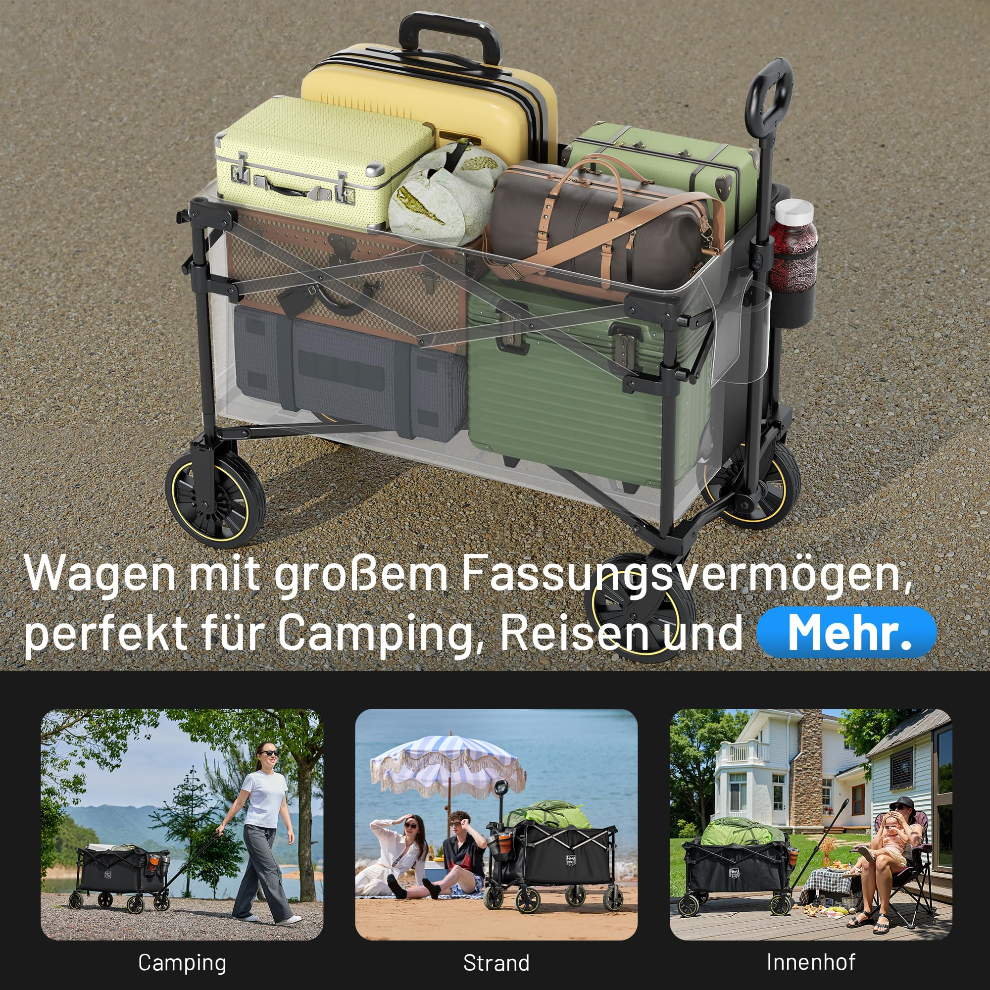 Un chariot pliant chargé de valises et sacs, avec de plus petites images en bas montrant le camping, la plage et la cour.