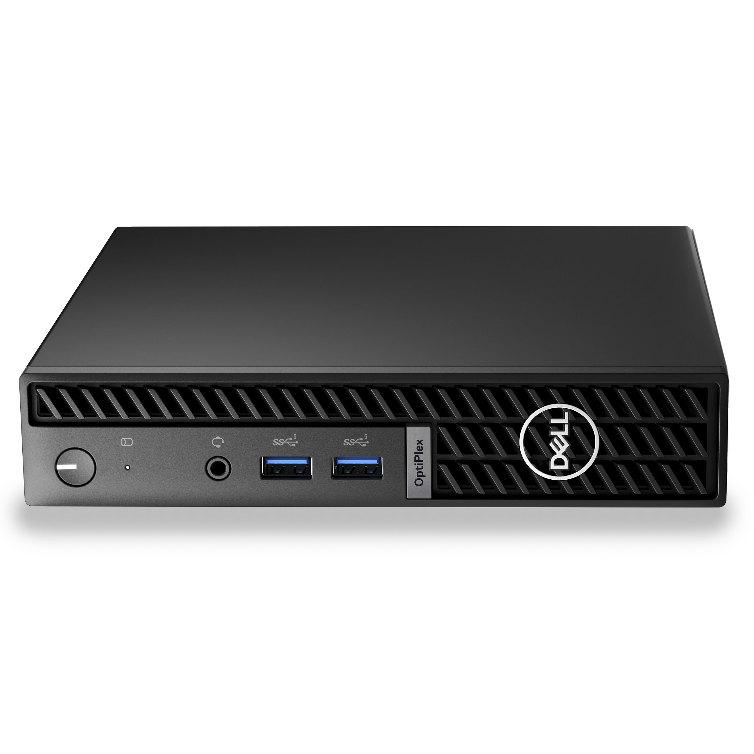 Schwarzer Dell OptiPlex Mini-PC mit Frontanschlüssen und Logo auf weißem Grund.