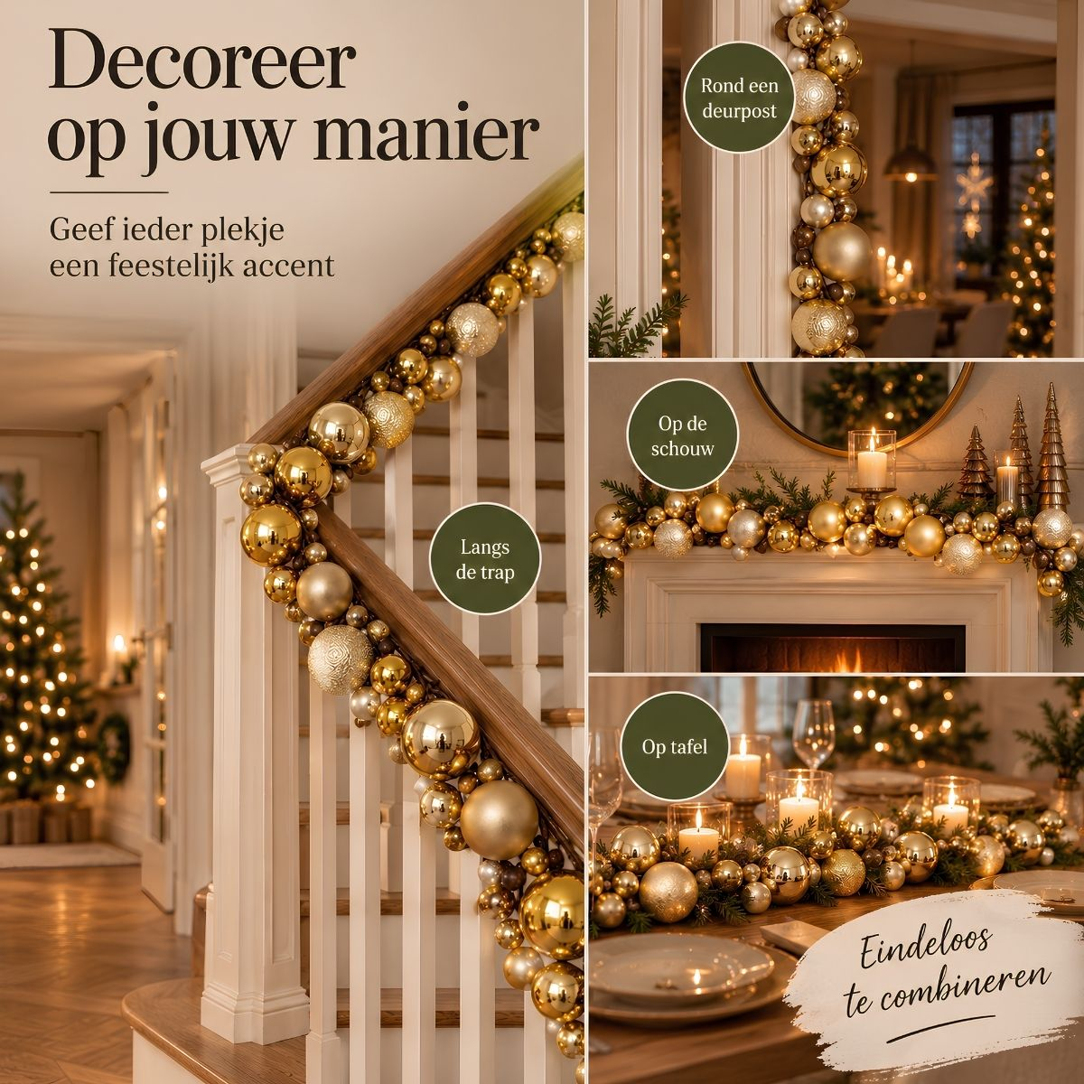 Golden Christmas baubles decorated on a staircase, door frame, fireplace, and dining table.