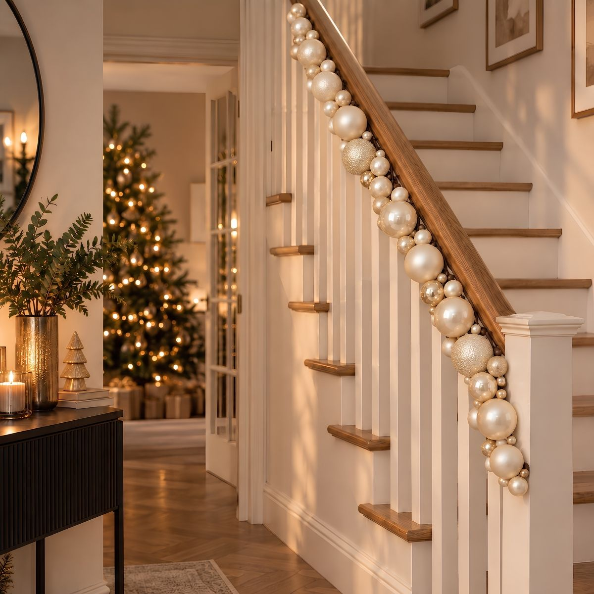 A staircase with a white banister is festively decorated with gold and white Christmas baubles.
