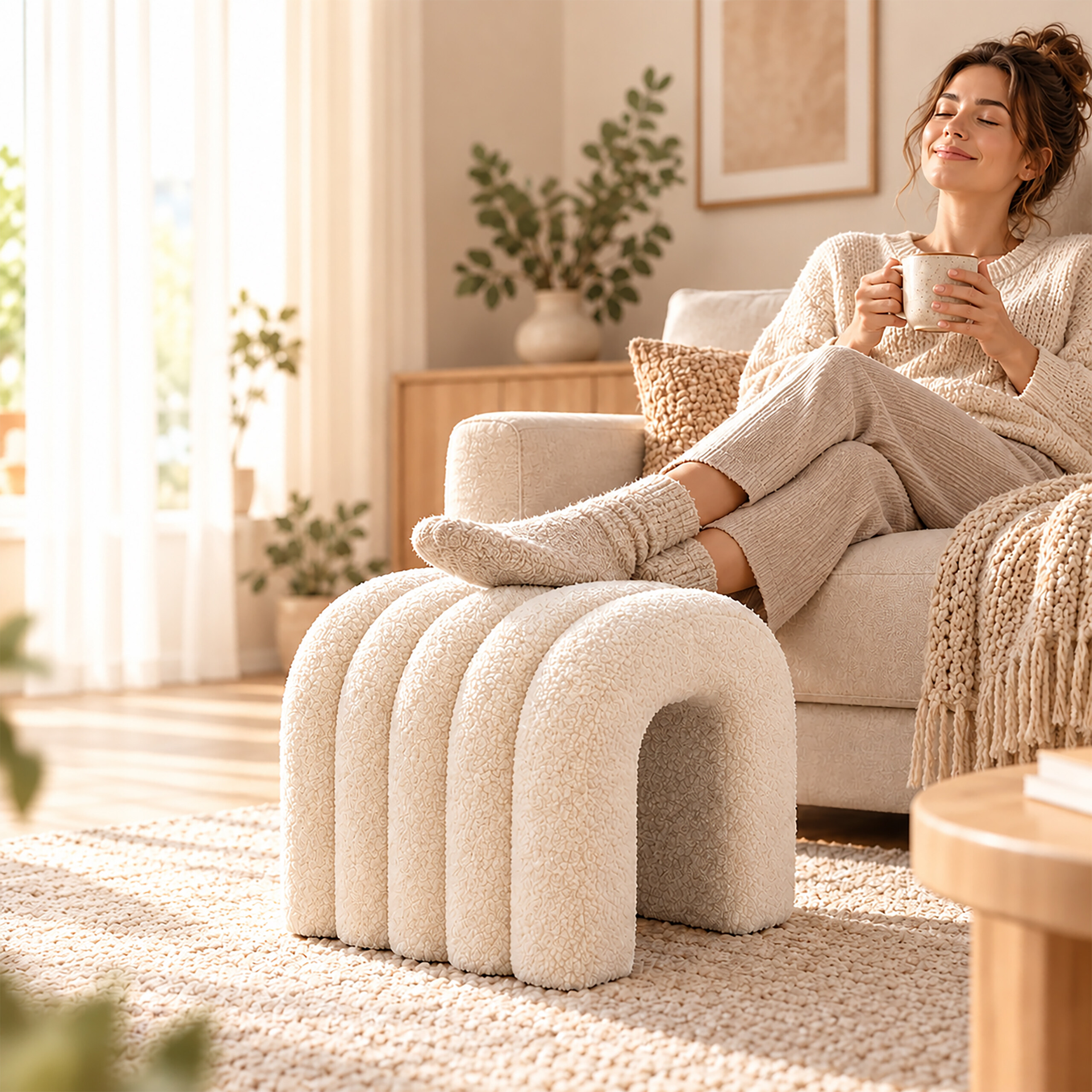 Eine lächelnde Frau in Loungewear entspannt auf einem Beigefarbenen Sofa, Füße auf einem flauschigen Hocker, mit Tasse.