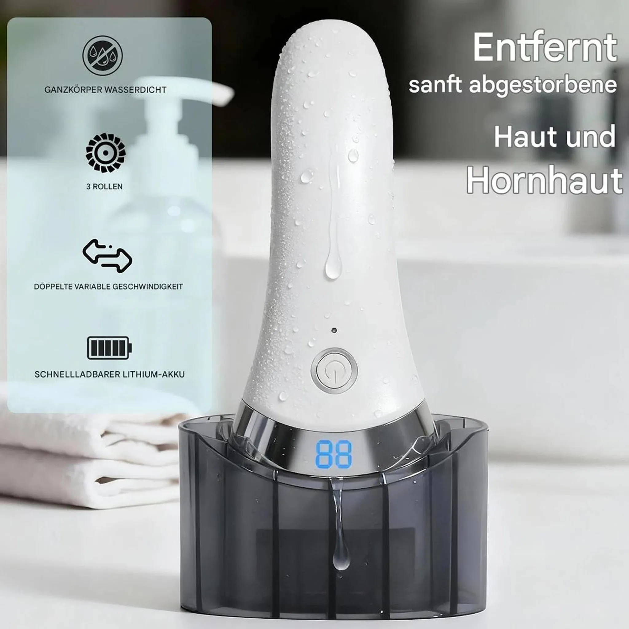 Weißes elektrisches Fußpflegegerät mit Wassertropfen in schwarzem Ständer vor Badezimmer-Hintergrund.