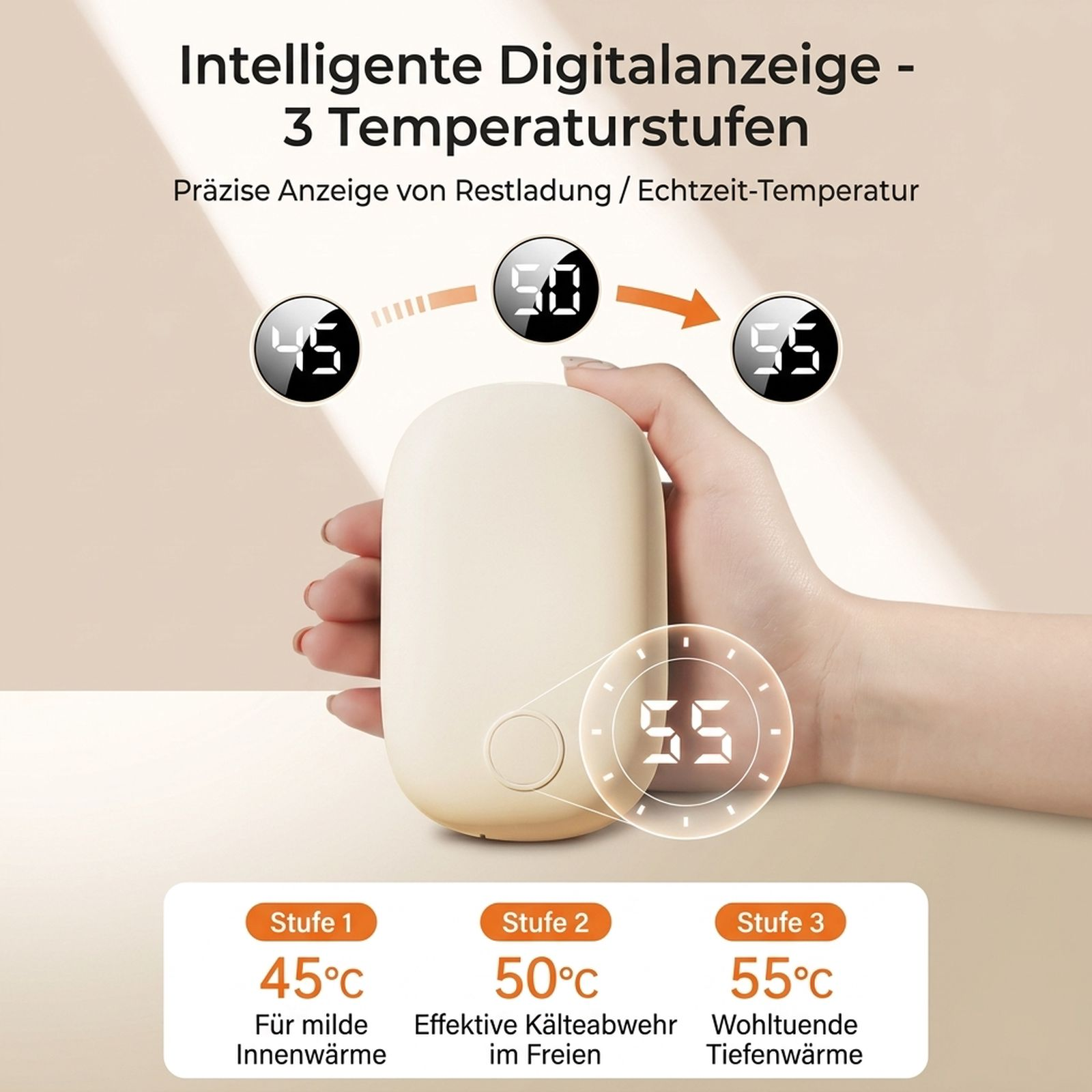 Hand hält einen beigen Handwärmer mit digitaler Anzeige für drei Temperaturstufen.