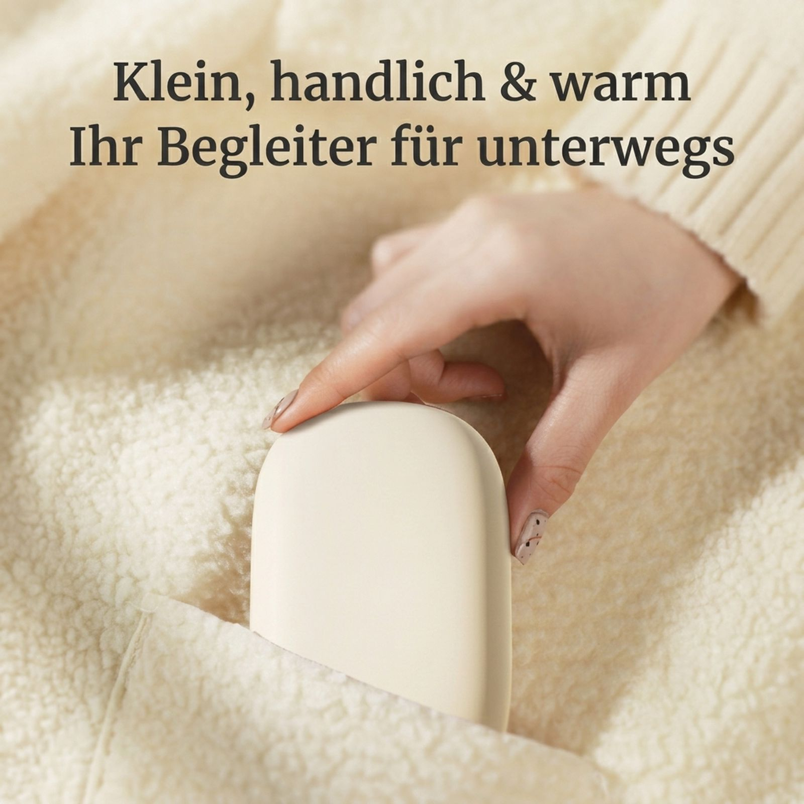 Hand legt einen kleinen weißen Handwärmer in die Tasche einer flauschigen Jacke. Darüber steht deutscher Text.
