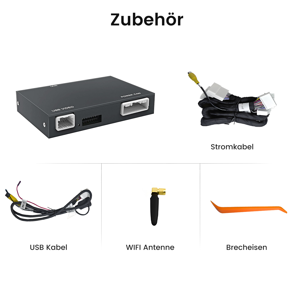 Zubehör: Eine schwarze Interface-Box, Stromkabel, USB-Kabel, eine WLAN-Antenne und ein oranger Hebel.
